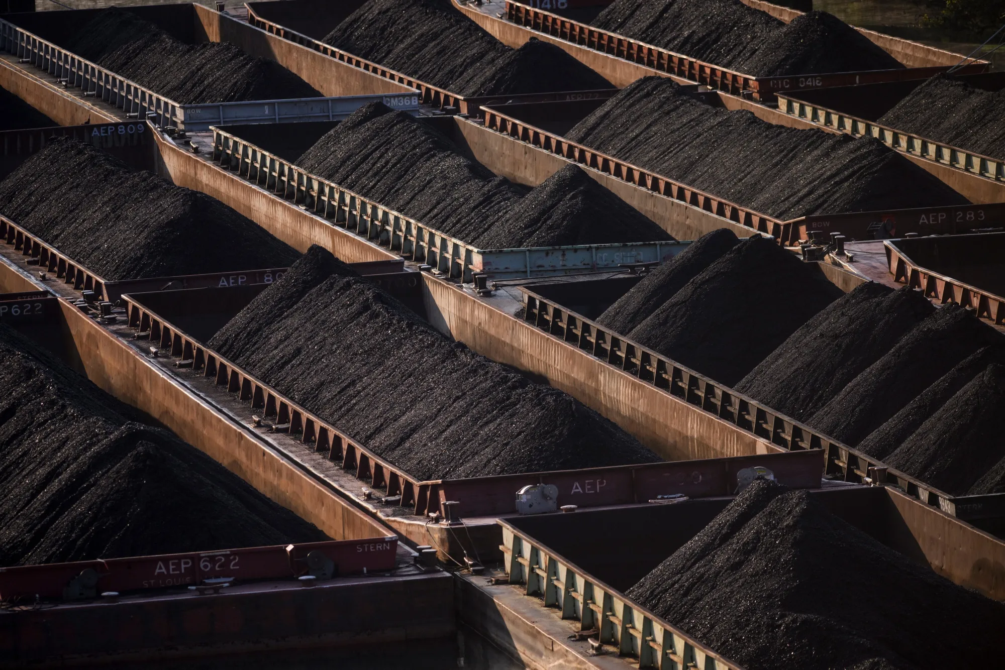 Coal on barges in Pennsylvania, US.