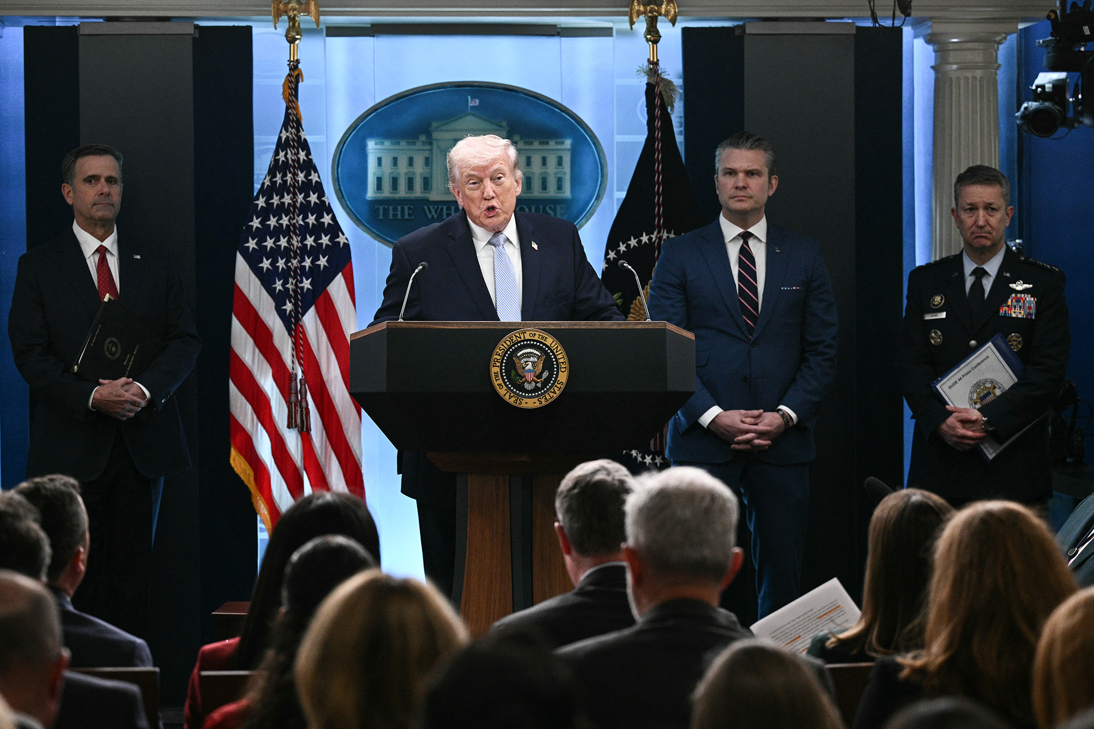President Donald Trump&nbsp;speaks about the conflict in Iran in the James S. Brady Press Briefing Room of the White House in Washington, DC, on April 6.
