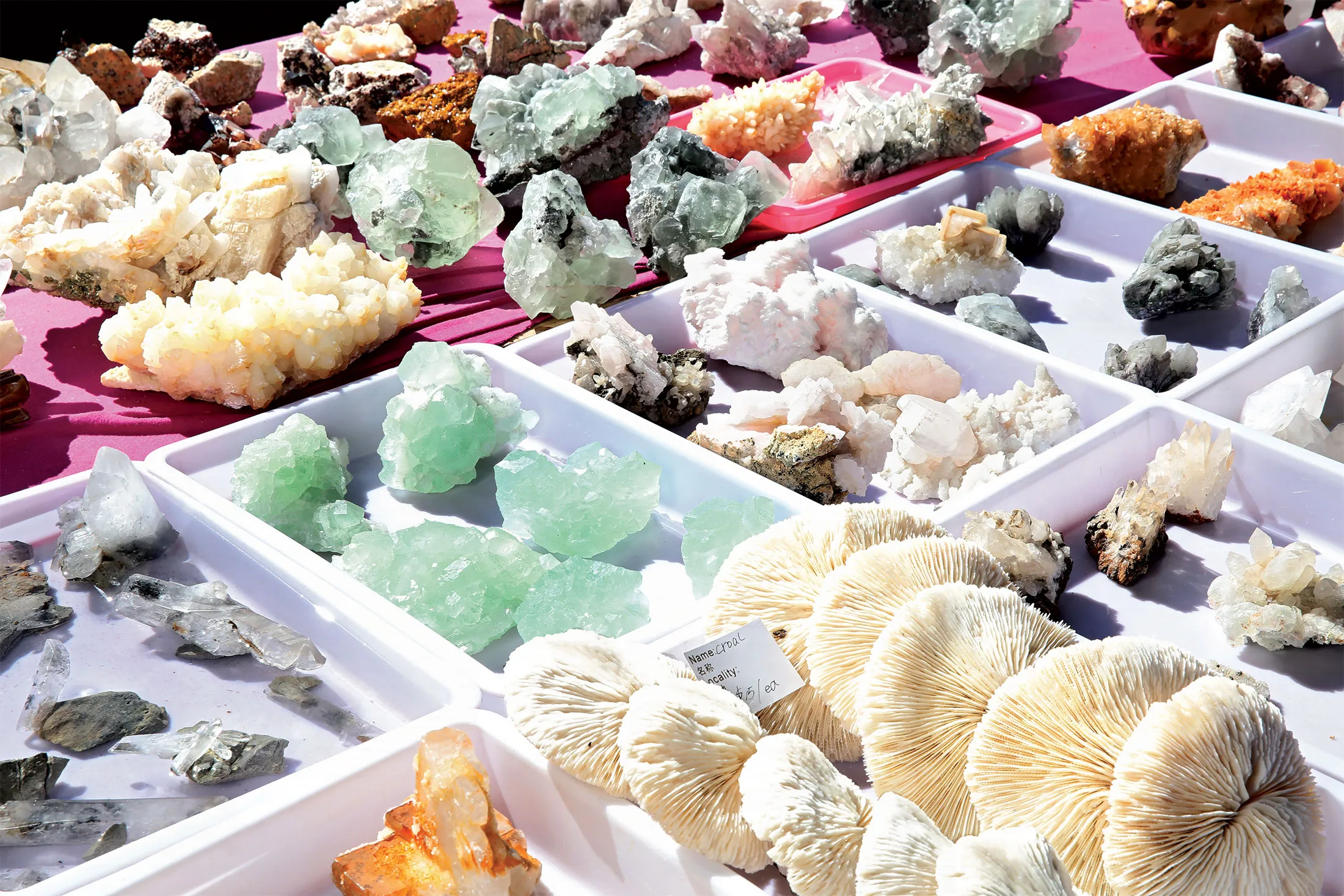 Vendors sell lower-end crystals on tables in the parking lot outside the Kino Sports Complex.
