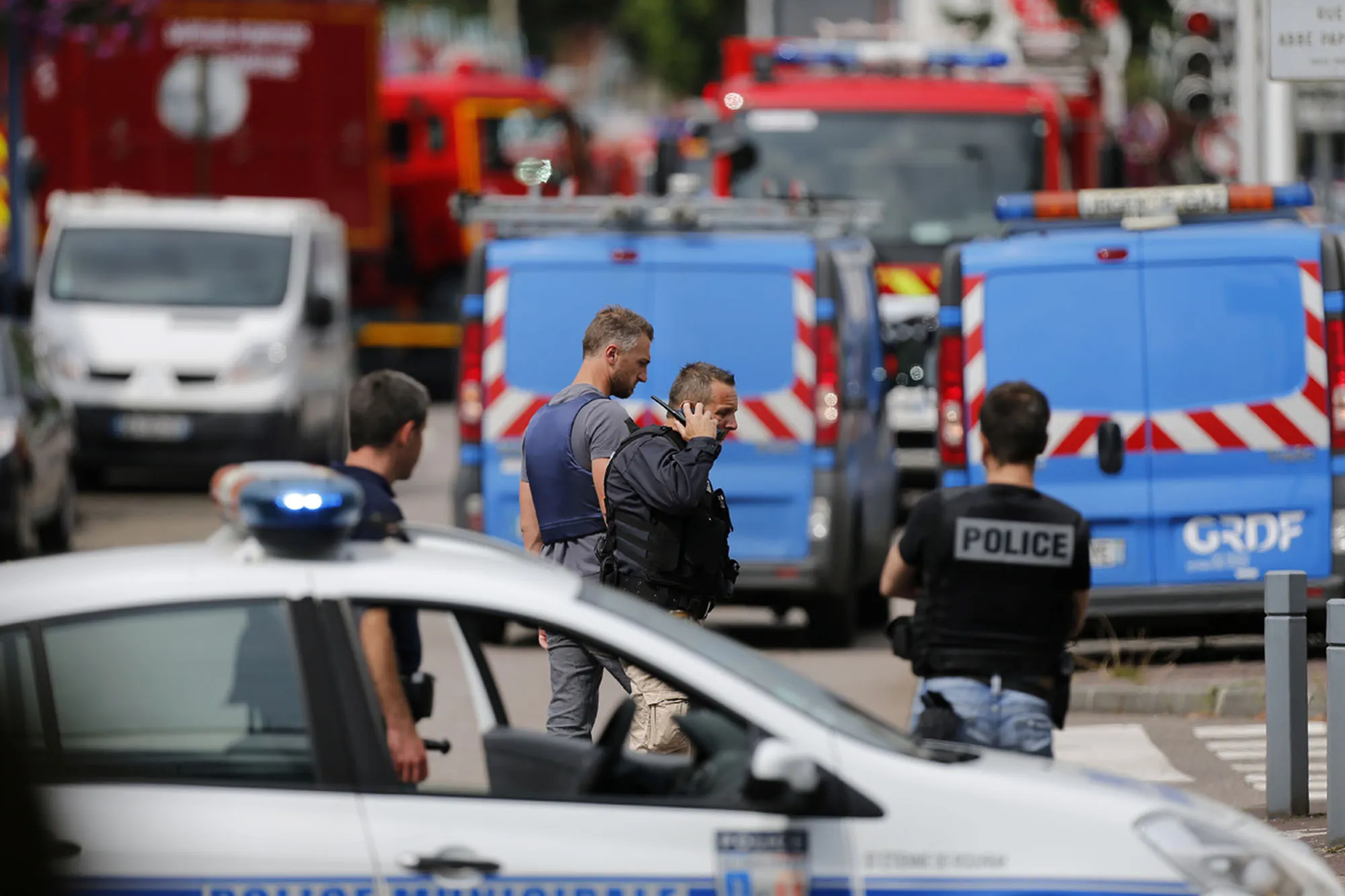 Emergency services at the scene of a hostage-taking at a church in Saint-Etienne-du-Rouvray, northern France, on July 26, 2016.
