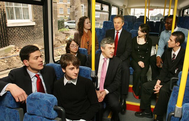 Miliband (left) was a protege of former UK Prime Minister Tony Blair (back row) and served as foreign secretary under his successor, Gordon Brown (center).