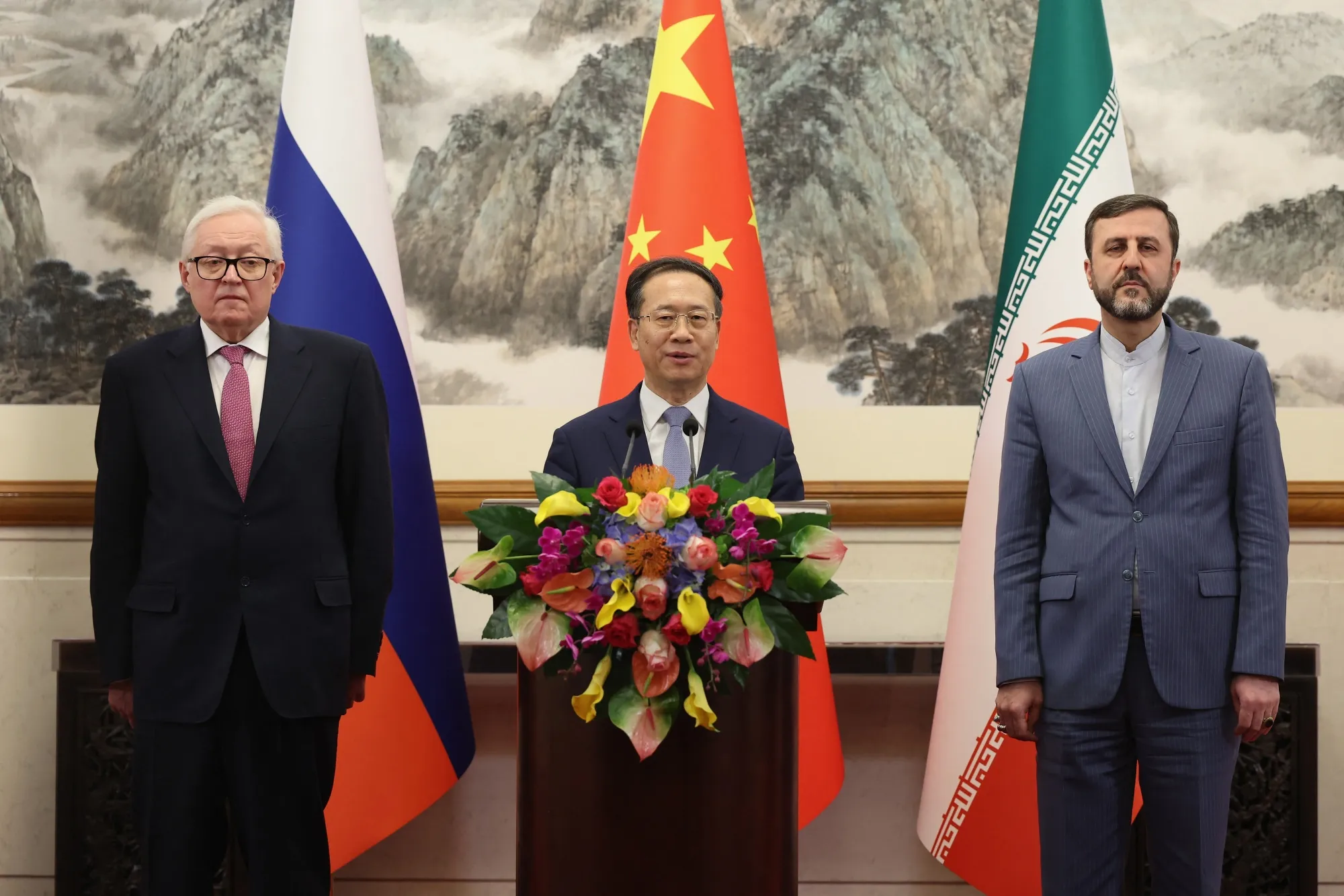 Sergei Ryabkov, Ma Zhaoxu and Kazem Gharibabadi in Beijing on March 14.