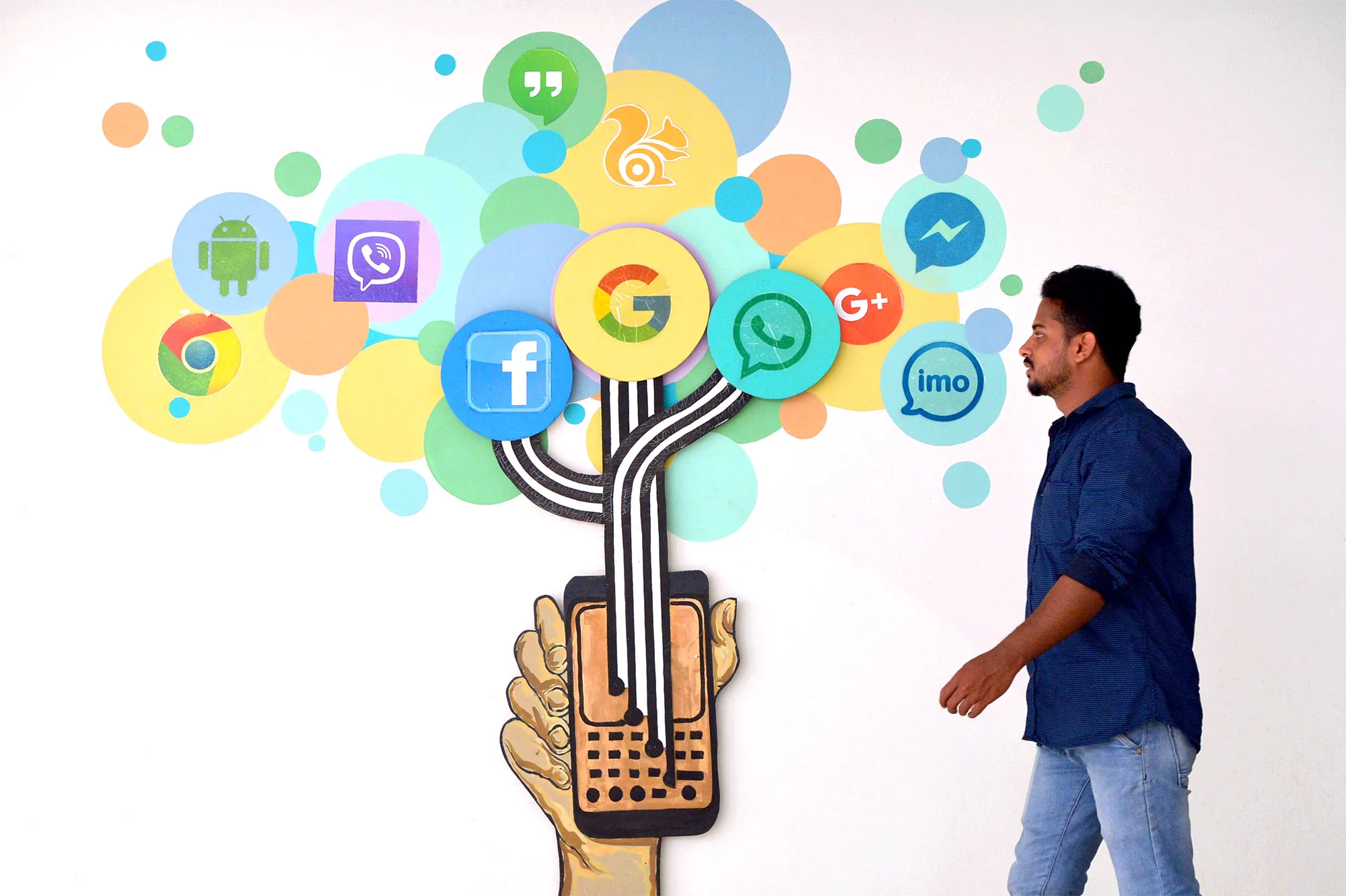 Logos for social media&nbsp;including Facebook, inside a building in Bangalore.