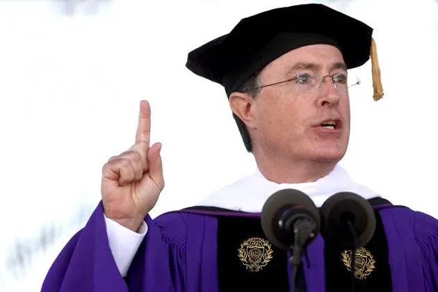 Stephen Colbert delivers his keynote speech during Northwestern University's 153rd Annual Commencement Ceremony at Ryan Field in Evanston, Illinois on June 17, 2011