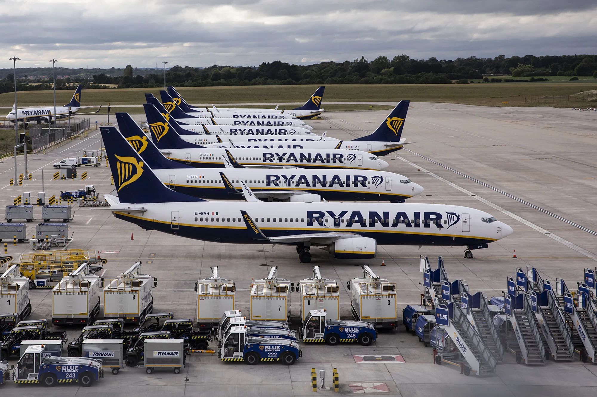 Ryanair planes at Stansted Airport.