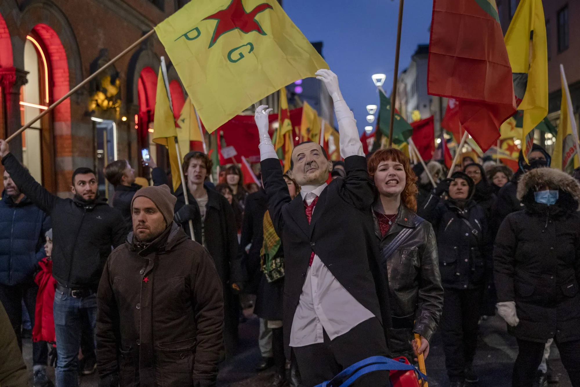 A protester with a Recep Tayyip Erdogan doll during an Anti NATO and anti Turkey demonstration in Stockholm.