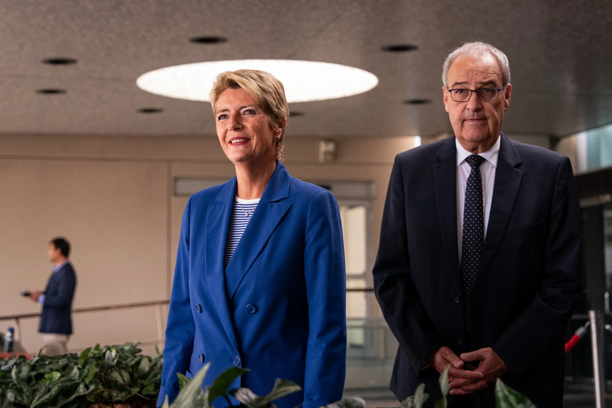 Switzerland's President Karin Keller-Sutter, left, and Switzerland's Economy Minister Guy Parmelin in Washington in August.&nbsp;