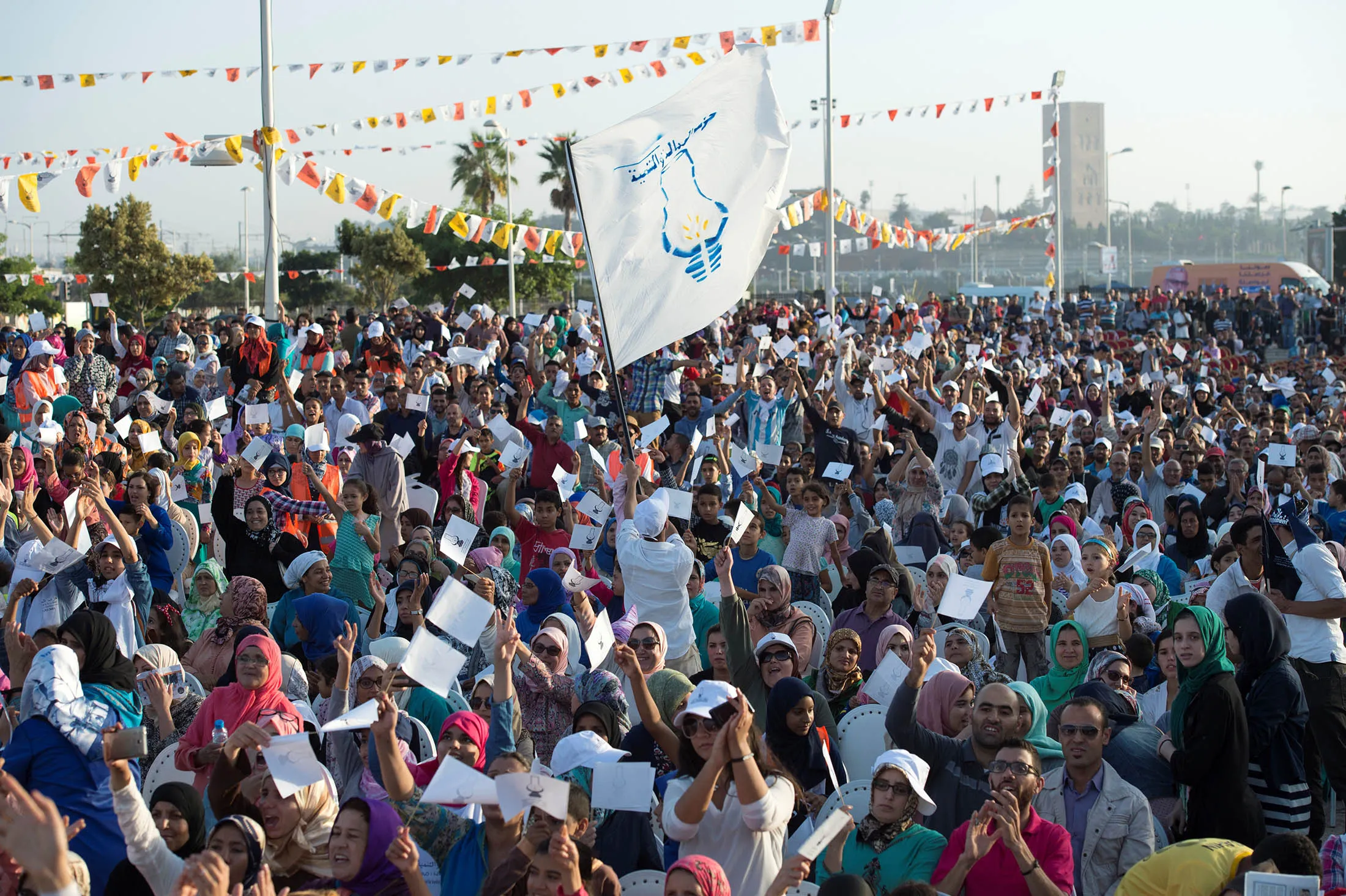 Supporters of the ruling Islamist Justice and Development Party (PJD) gather during a party meeting ahead of the upcoming parliamentary election, on Oct. 6. Morocco will elect a parliament on October 7, 2016 for the first time since an Islamist-led government took office following Arab Spring uprisings that toppled leaders across the region. / AFP / FADEL SENNA (Photo credit should read FADEL SENNA/AFP/Getty Images)
