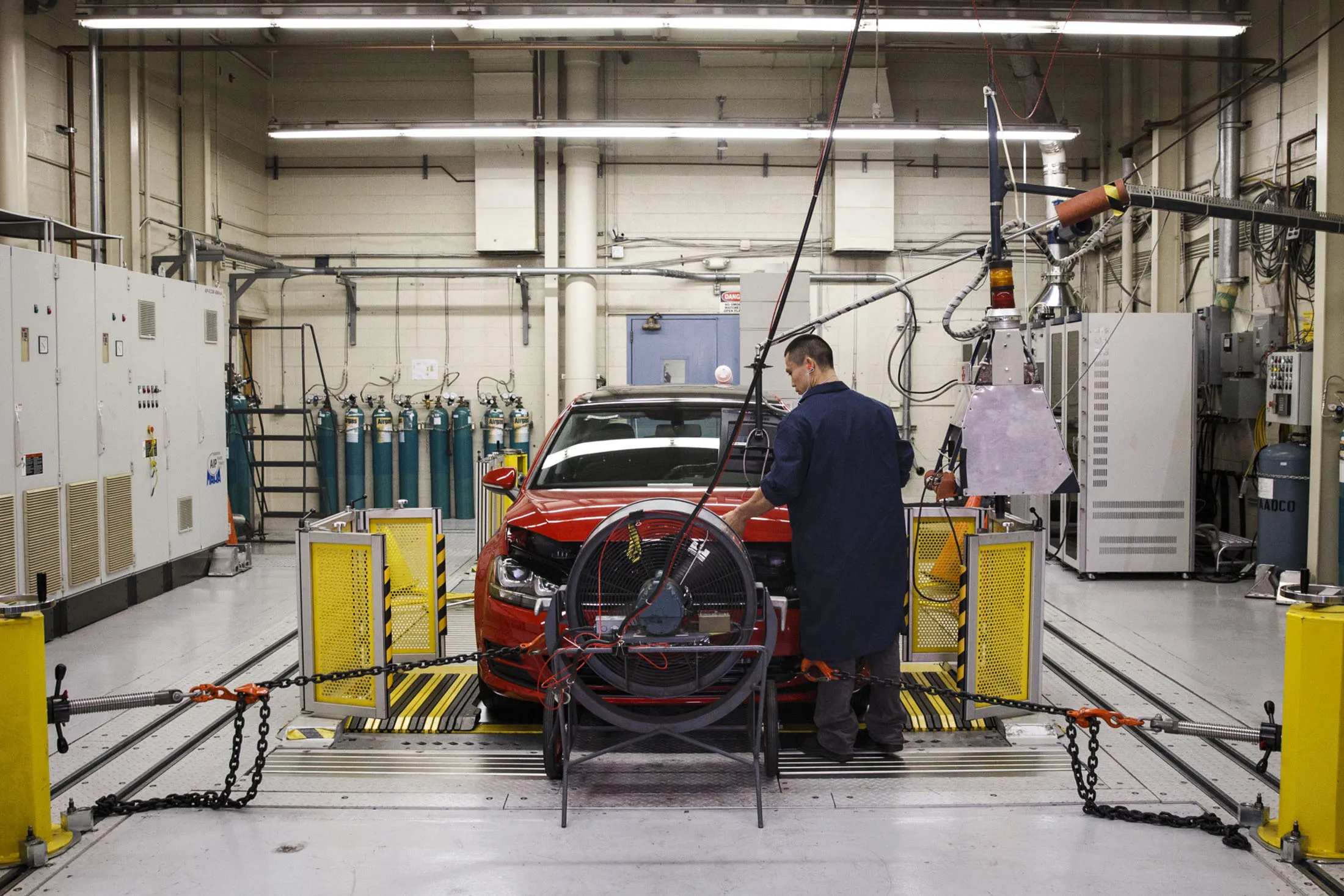 A Volkswagen car is tested for compliance with emissions laws in California in 2016.
