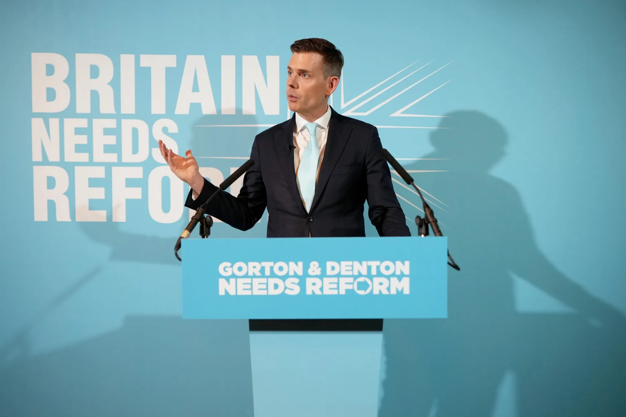 Matt Goodwin speaks as he is announced as Reform UK candidate for Gorton and Denton, in Denton, on Jan. 27.