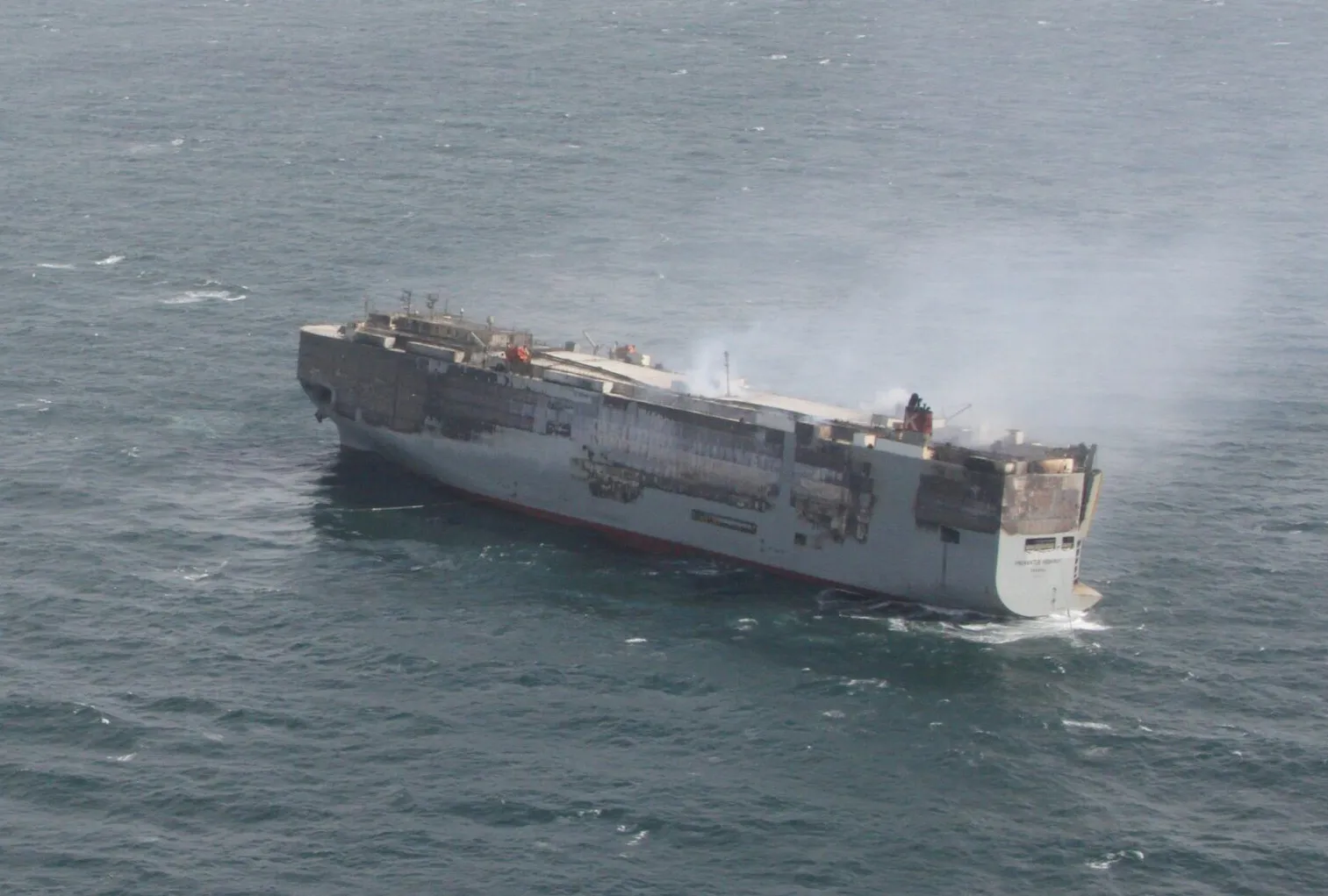 Smoke rises from the Fremantle Highway vessel in the North Sea on July 30.