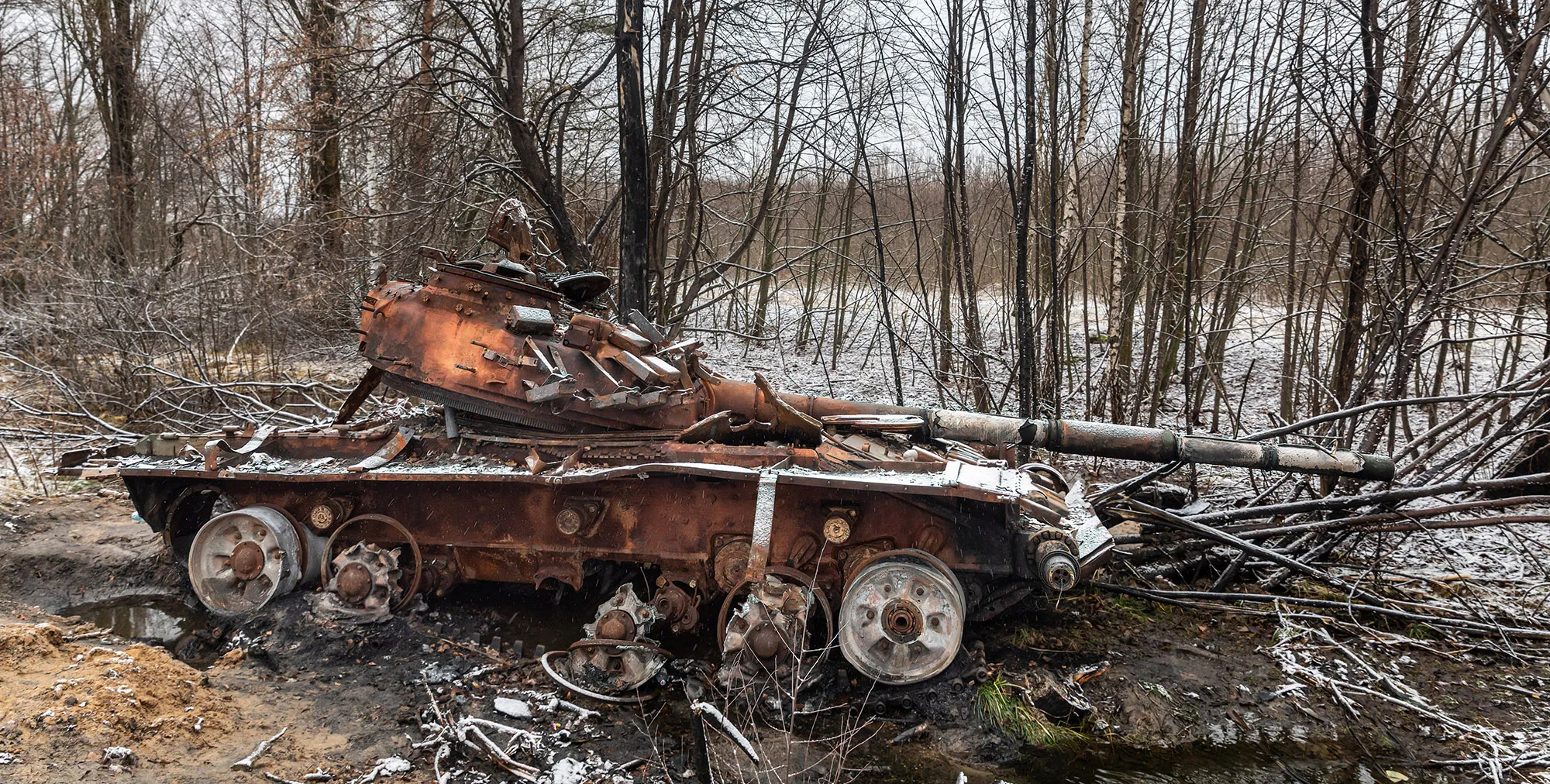 A destroyed Russian tank&nbsp;near the village of Kuhari in the Kyiv region of Ukraine.&nbsp;