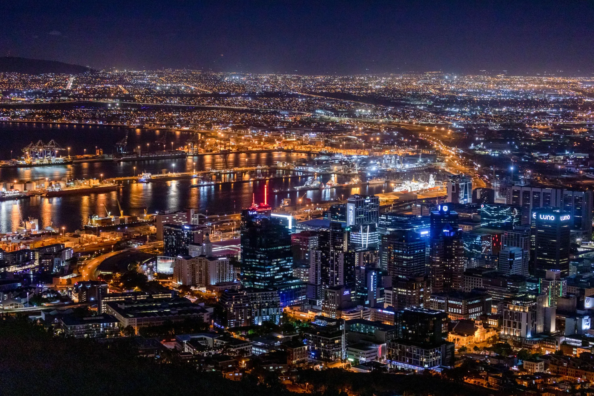 Lights on in buildings in central Cape Town.