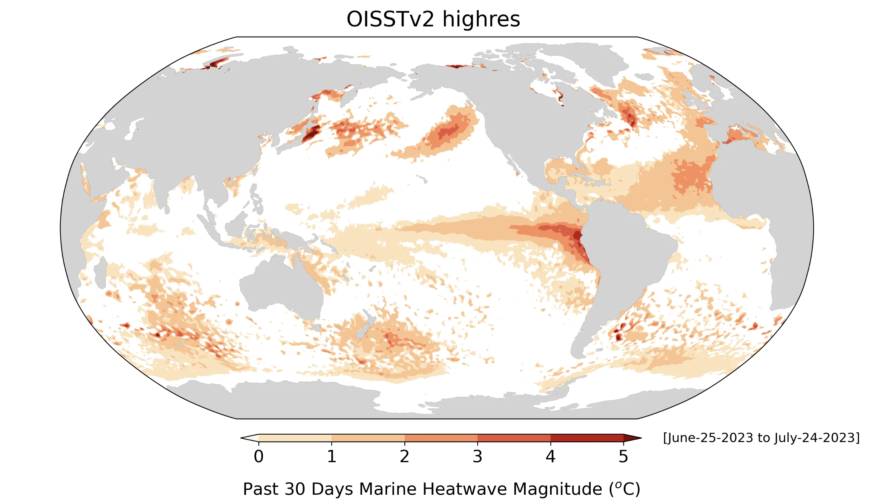 A NOAA map shows&nbsp;marine heatwaves from June to July 2023 and how much warmer&nbsp;sea surface temperatures&nbsp;are compared to average.