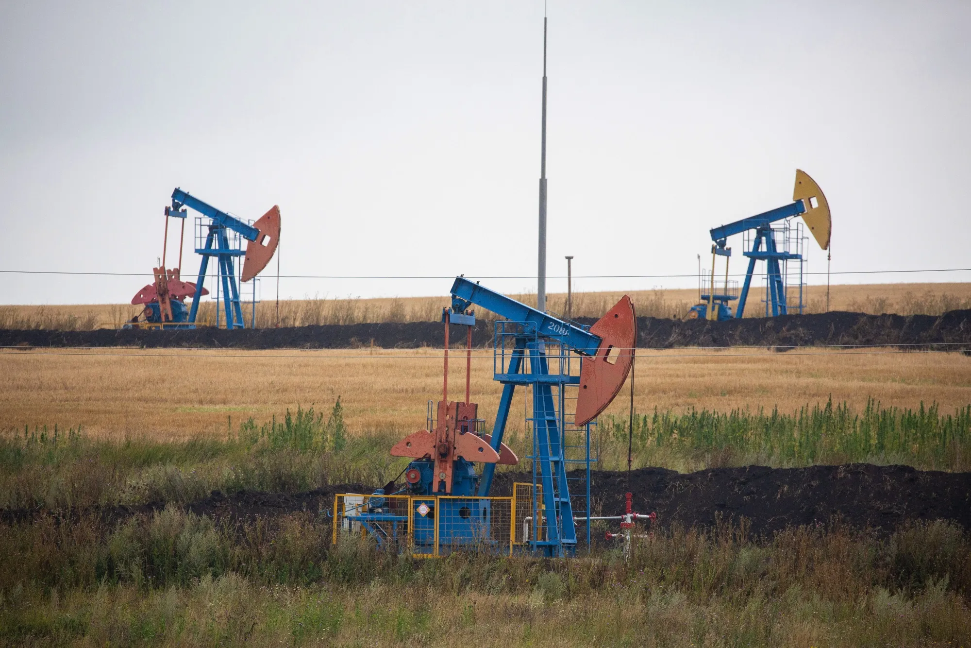 Oil pumping jacks operate near Almetyevsk, Russia.&nbsp;