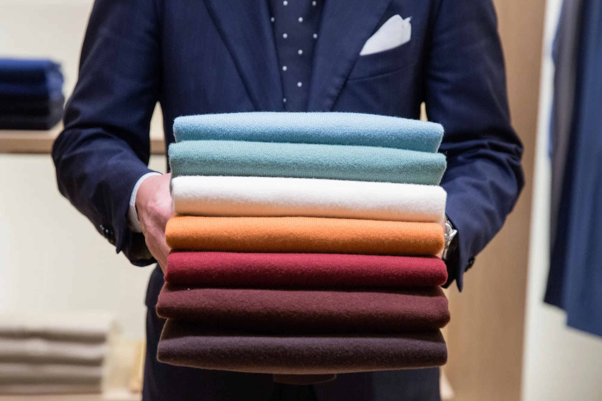 A display of cashmere pullovers in a Loro Piana store in Milan.