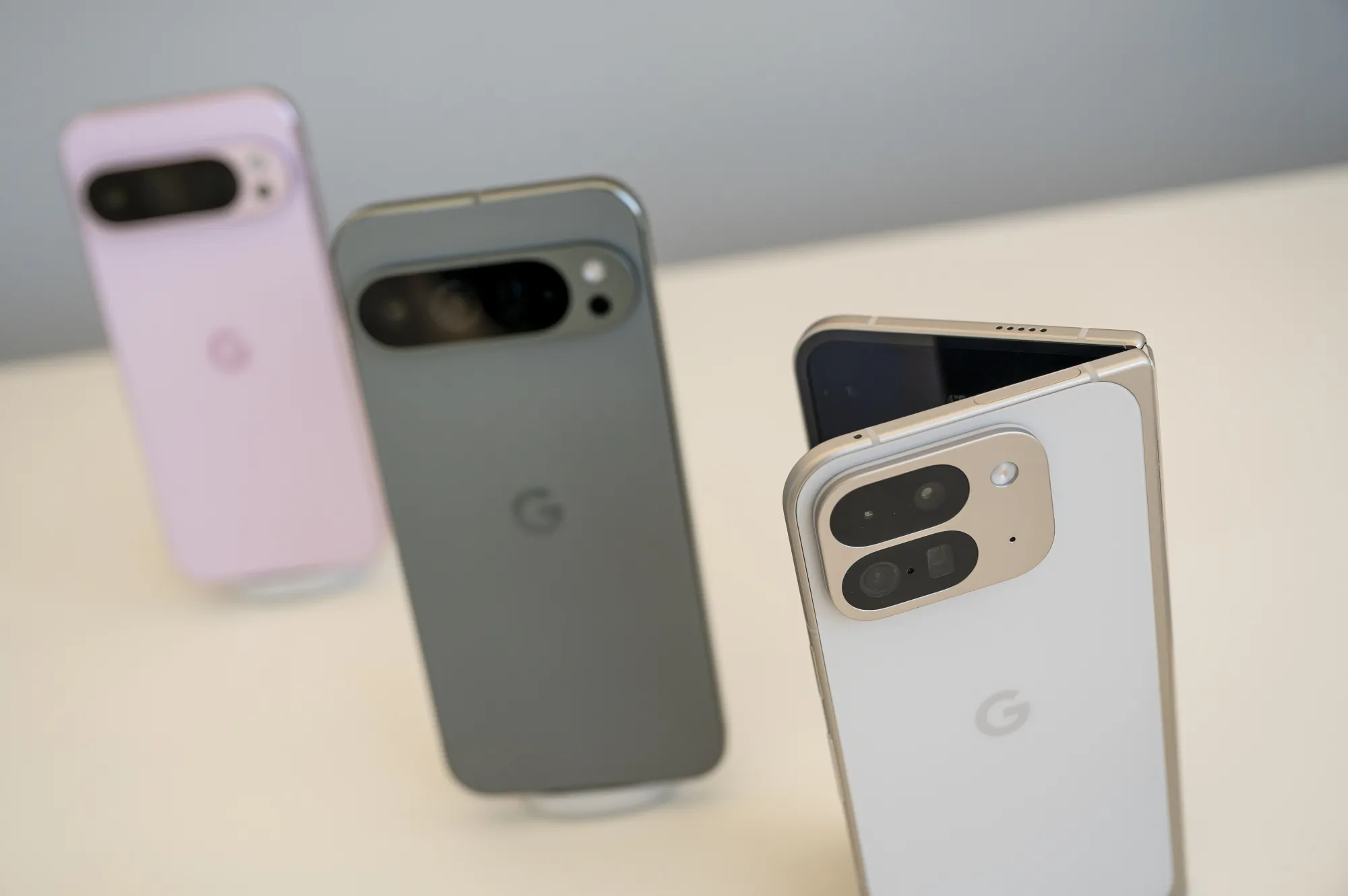 Google’s Pixel 9 Pro (left), Pixel 9 Pro XL (center) and Pixel 9 Pro Fold (right) on display&nbsp;during the Made By Google launch event in Mountain View, California, on&nbsp;Aug. 13, 2024.
