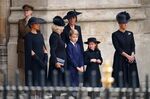 Left to right,&nbsp;the Duchess of Sussex, the Queen Consort, Prince George, the Princess of Wales, Princess Charlotte and the Countess of Wessex leaving the State Funeral of Queen Elizabeth II at Westminster Abbey in London on Sept.&nbsp;19.
