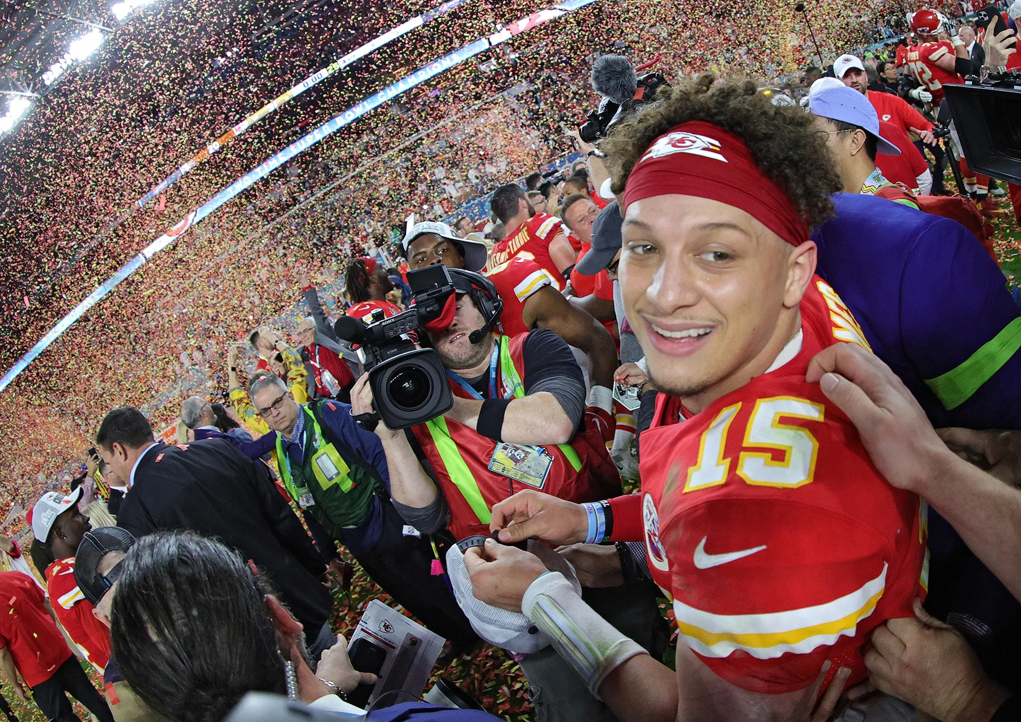 Patrick Mahomes of the Kansas City Chiefs celebrates after defeating the San Francisco 49ers in Super Bowl LIV in Miami on Feb. 2.