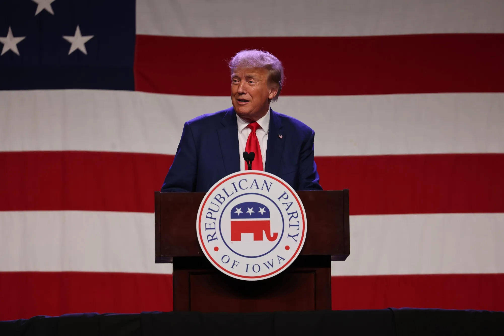 Donald Trump speaks&nbsp;in Des Moines, Iowa.