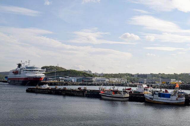 TThe Hurtigruten cruise ship docks in Kirkenes Harbor. Jorgensen hopes cruise traffic can be nurtured to fill an economic void until the port is expanded.