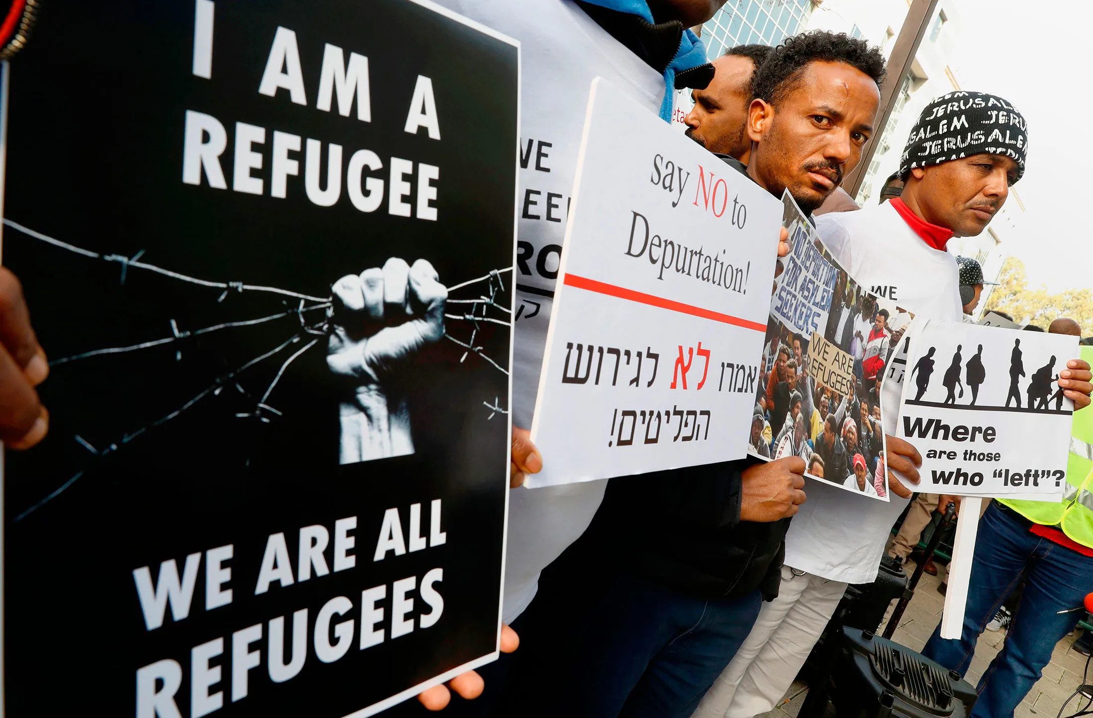 African migrants demonstrate against the Israeli government's policy to forcibly deport African refugees and asylum seekers from Israel.