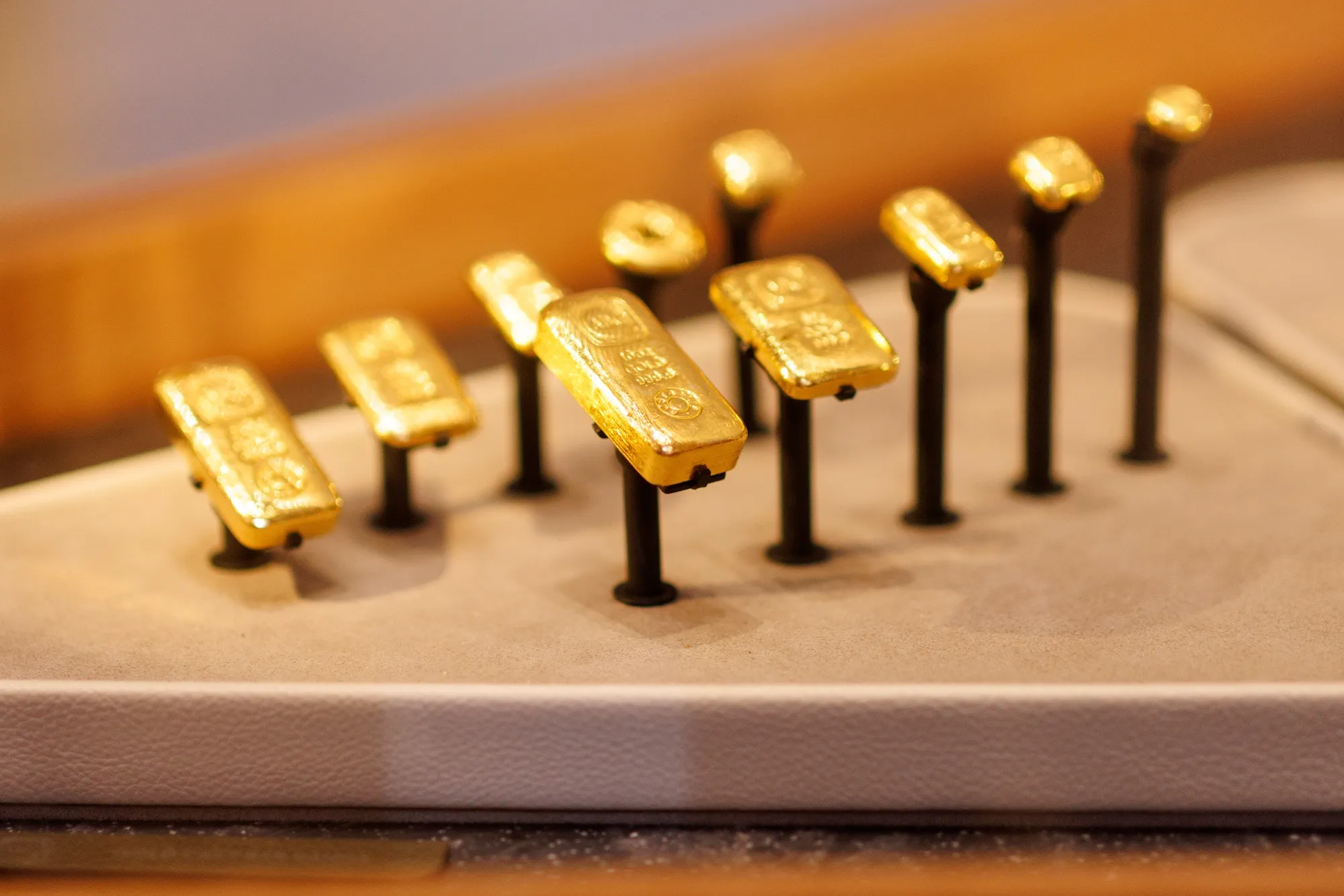 Gold bars displayed inside a bullion store in Sydney, Australia.