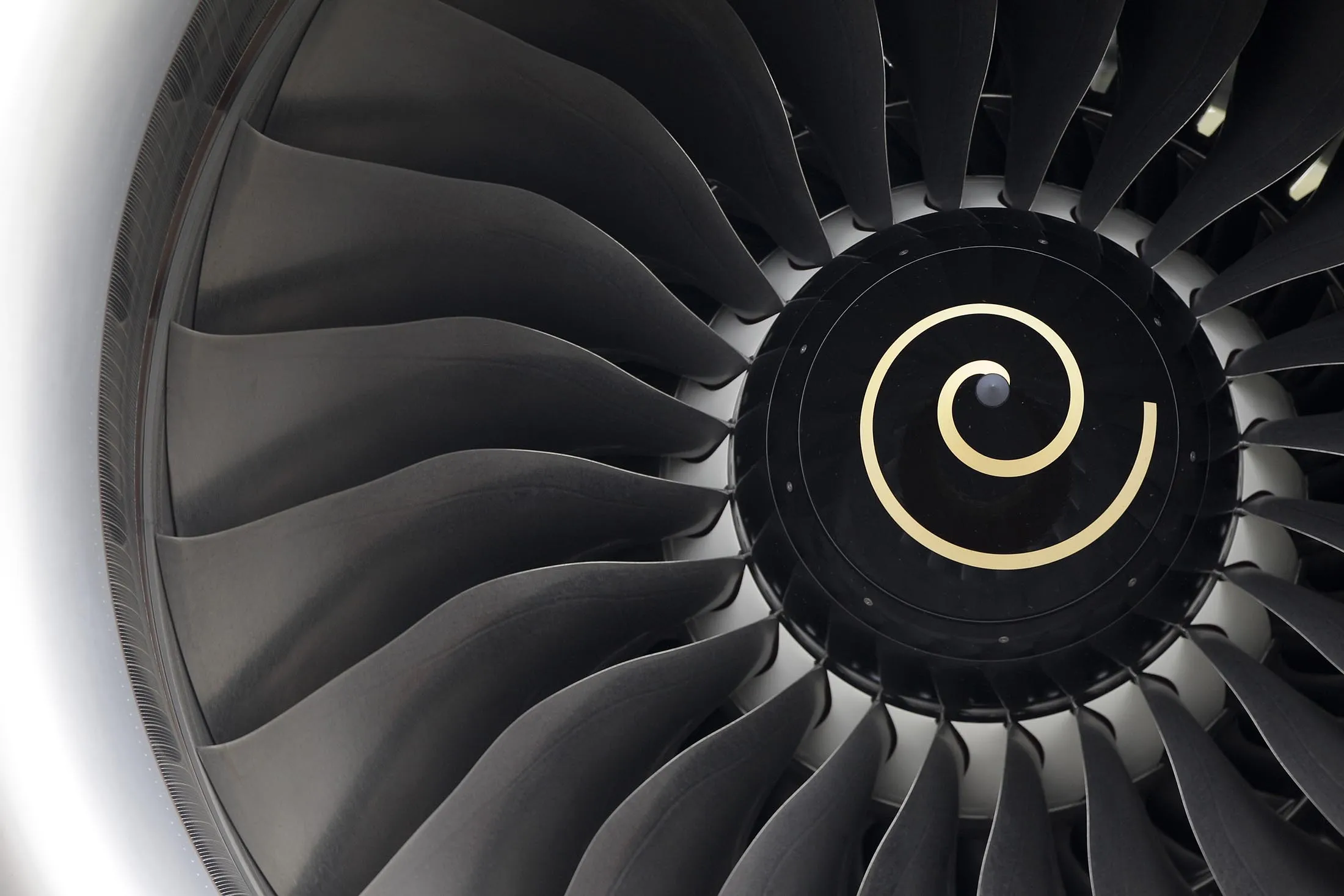 The fans of a Trent 900 engine, manufactured by Rolls-Royce Holdings Plc, are seen on an Airbus SAS A380 airplane, on the first day of the Farnborough International Air Show in Farnborough, U.K., on Monday, July 9, 2012. The Farnborough International Air Show runs from July 9-15.
