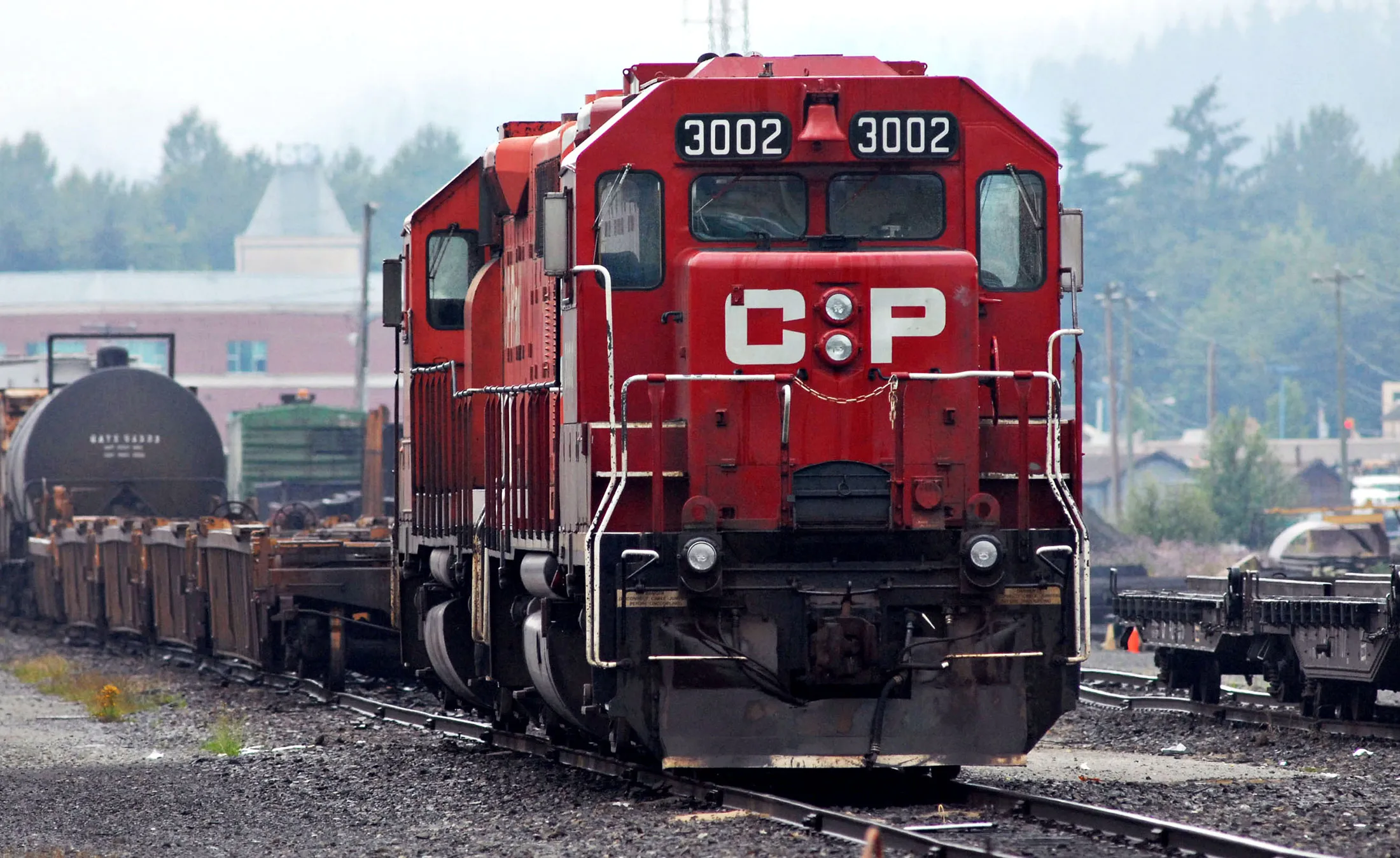 A Canadian Pacific Railway engine sits in a railyard in Port Coquitlam, British Columbia, Canada.
