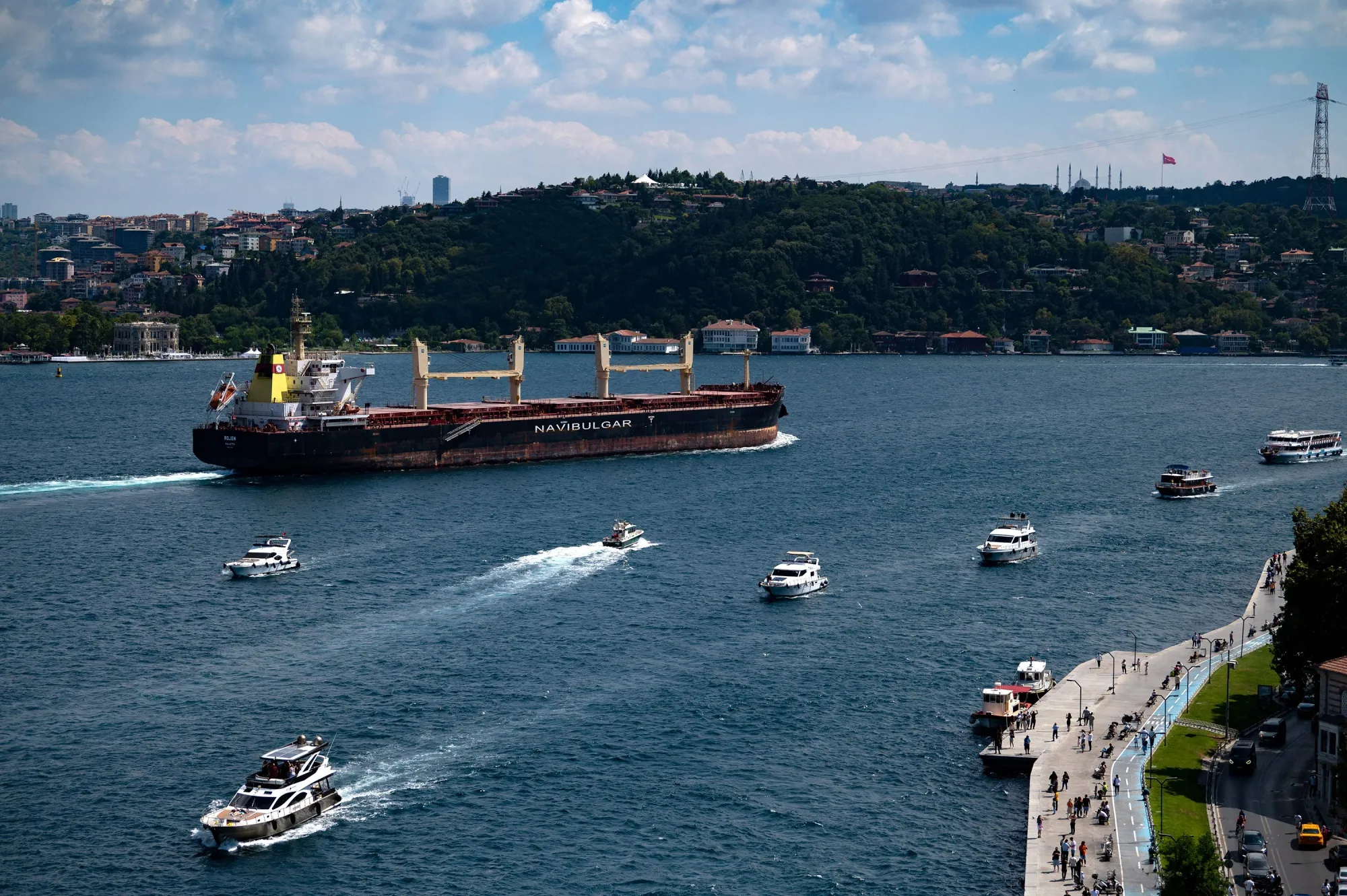 Malta-flagged bulk carrier M/V Rojen carrying tons of grain from Ukraine sails along the Bosphorus Strait in Istanbul on Aug. 7.