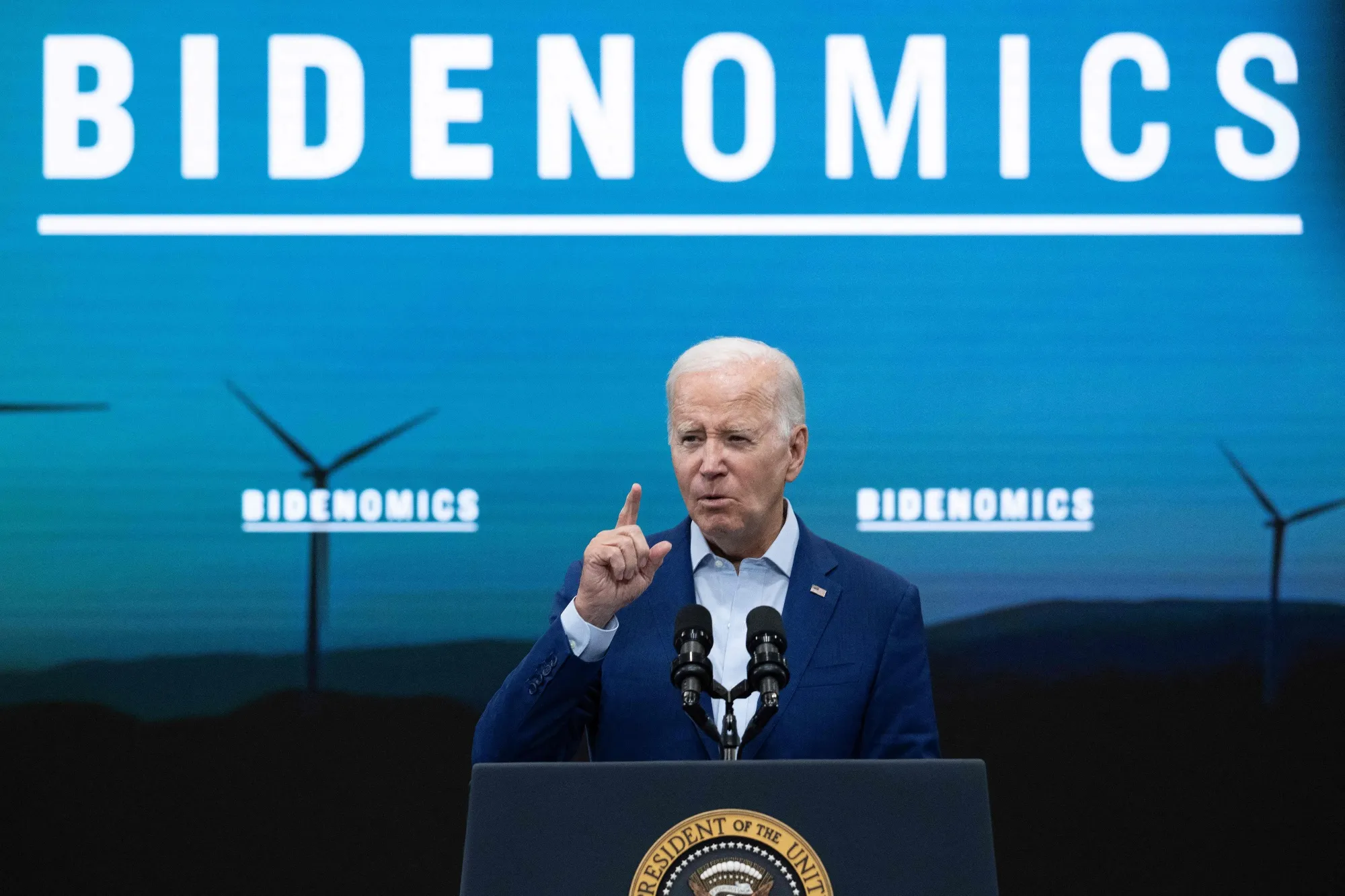 Joe Biden speaks about “Bidenomics” at Arcosa Wind Towers in Albuquerque, New Mexico in August.
