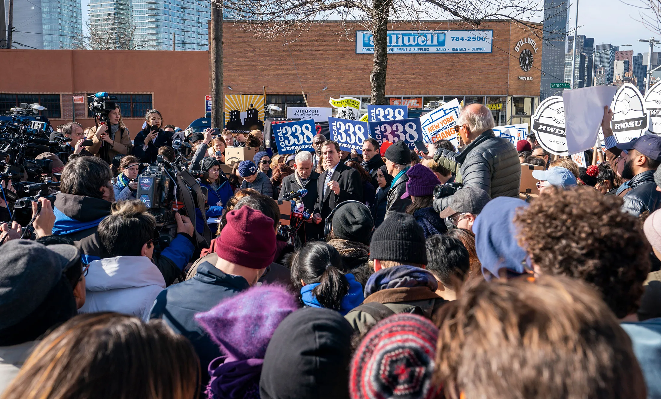 Protesters against the Amazon HQ2 decision gather in Long Island City on Nov. 14.