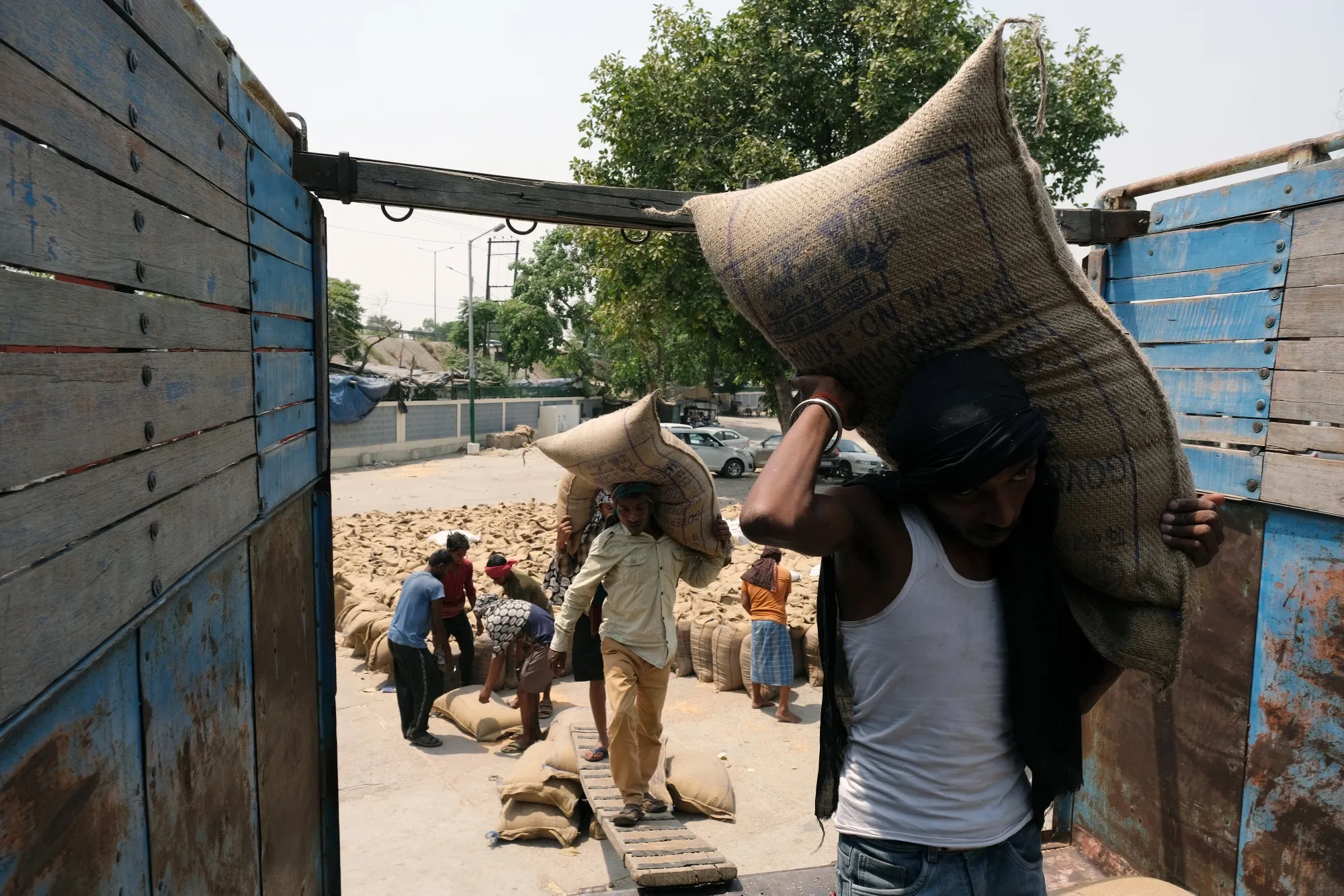 Laborers load up wheat sacks on a truck at the grain market in Punjab, earlier in April.