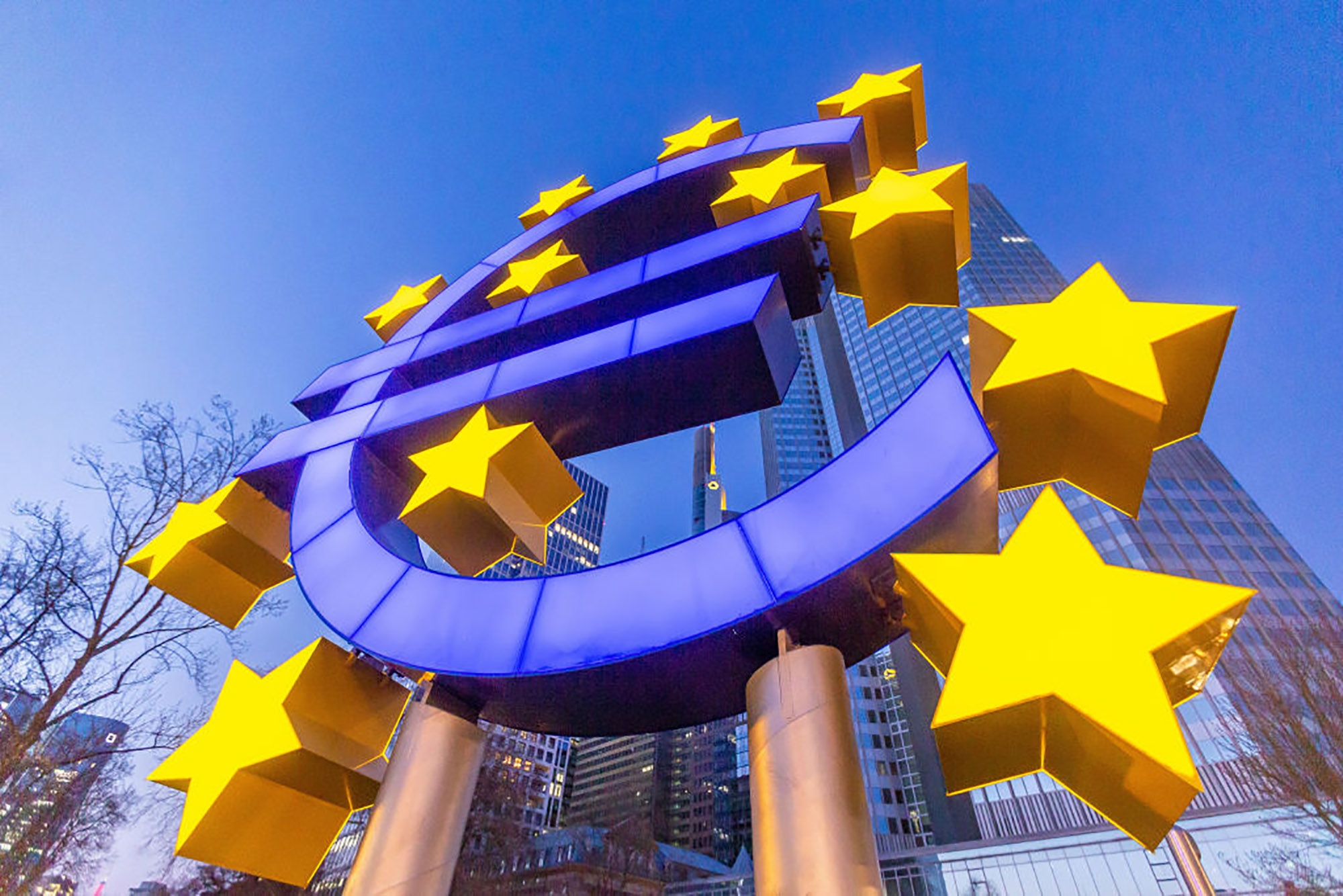 Sculpture with the euro logo in front of the European Central Bank building in Frankfurt.