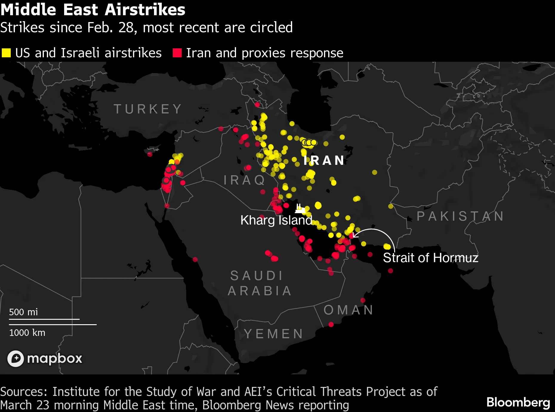 Middle East Airstrikes | Strikes since Feb. 28, most recent are circled