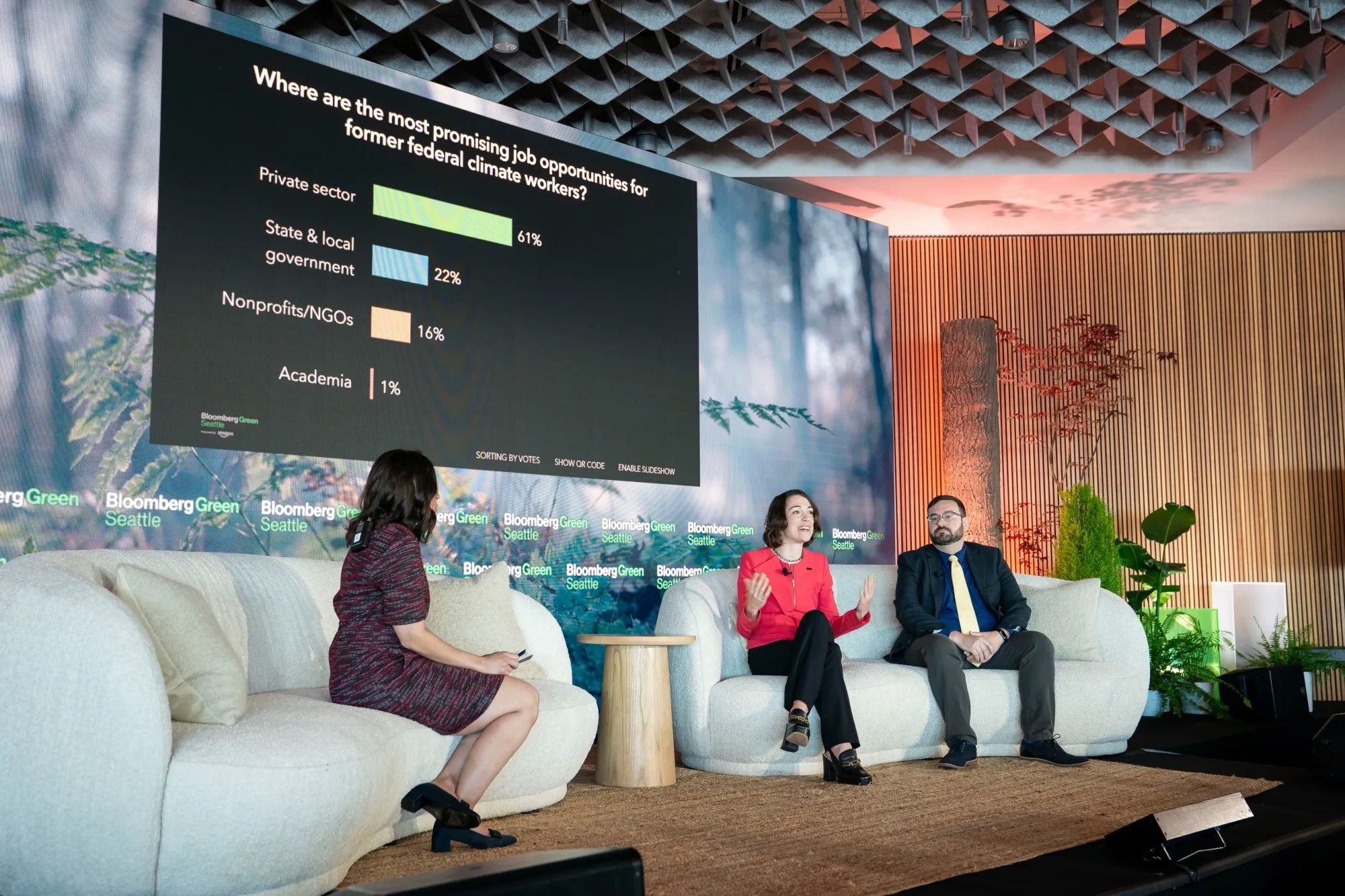 Gretchen Goldman, center right, and Paul Schramm, right, at Bloomberg Green in Seattle on July 15.