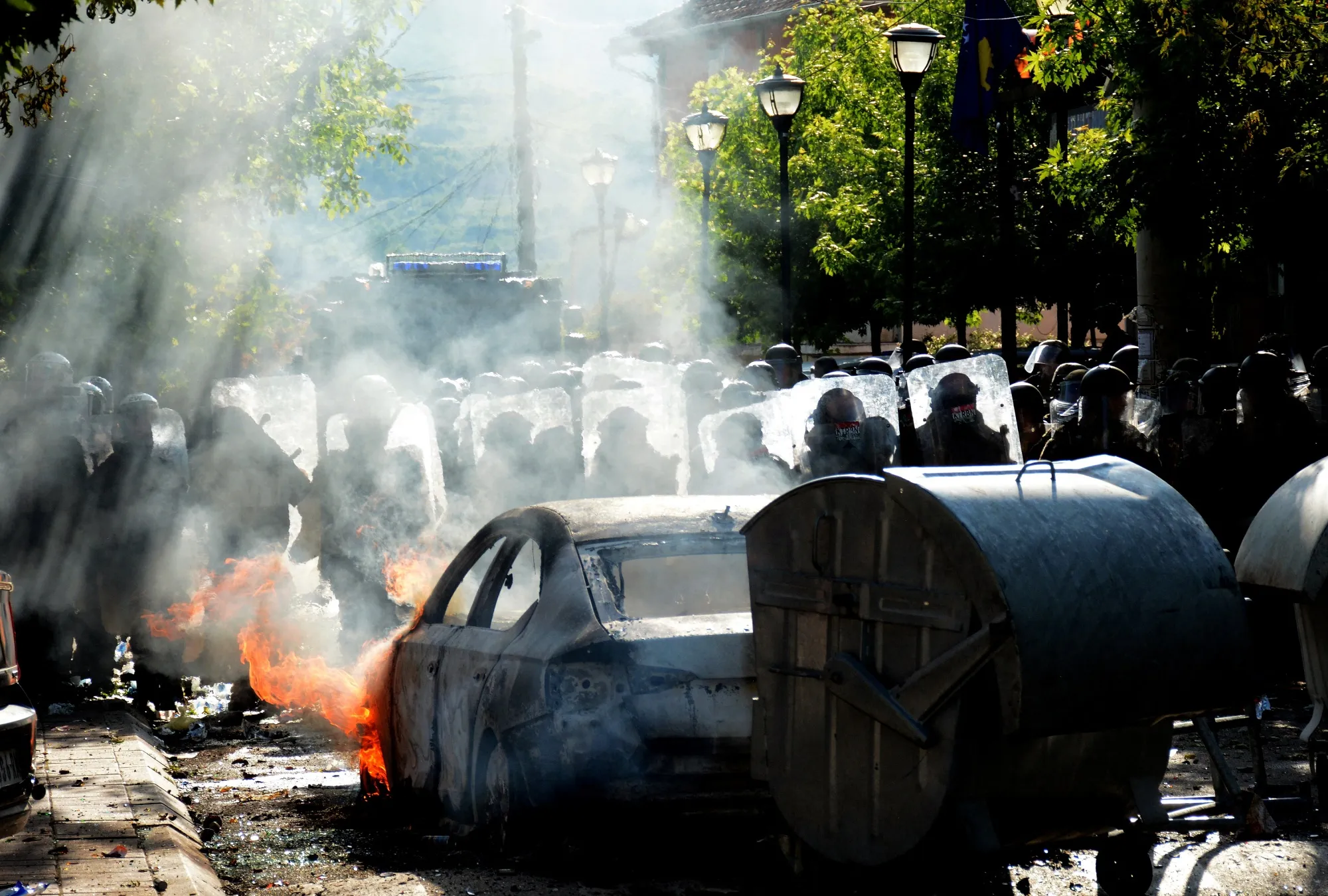 KFOR and riot police face Serbian protesters in Zvecan, Kosovo on May 29.