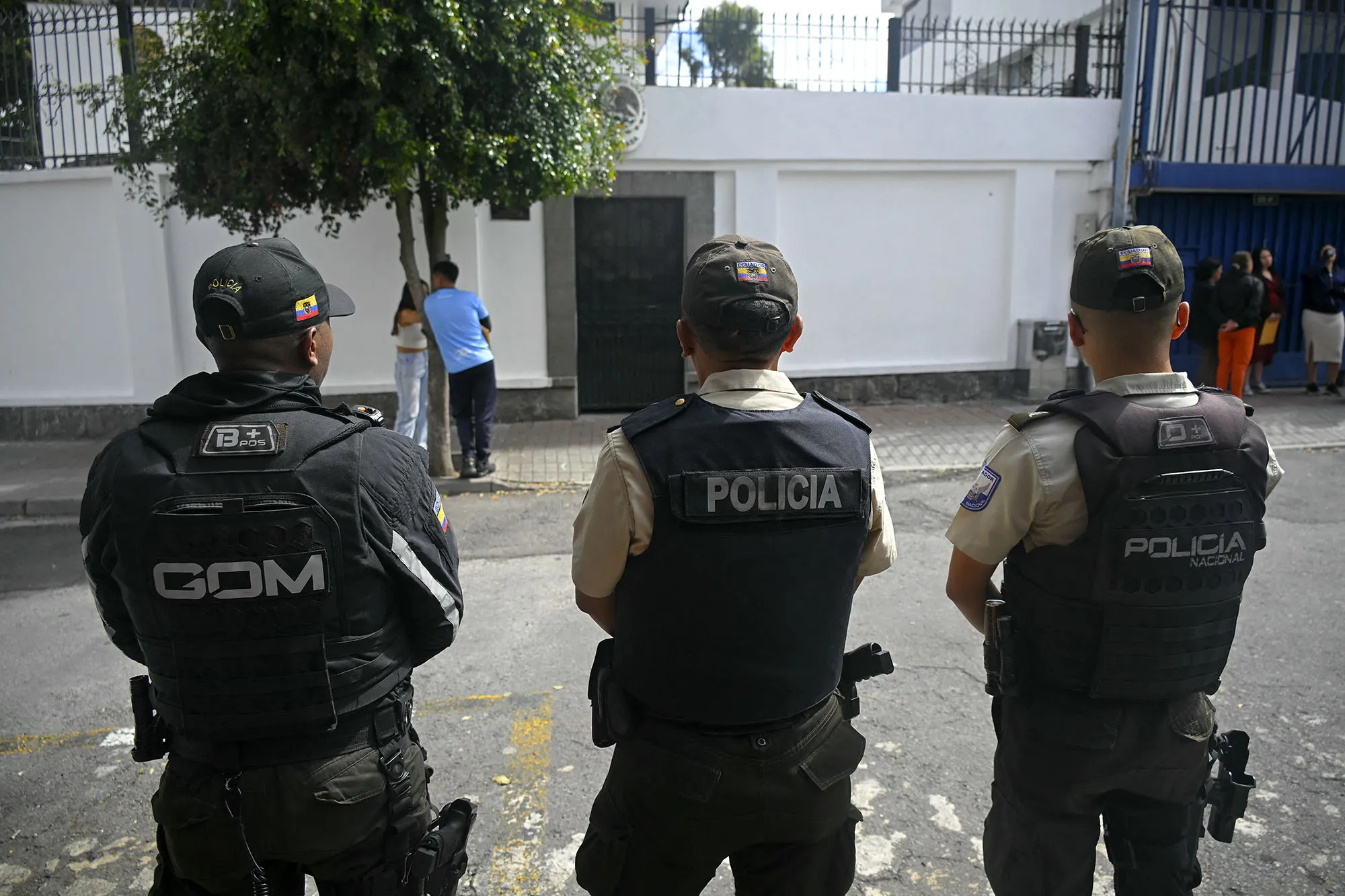 Police guard outside the Mexican embassy in Quito, Ecuador on April 8.