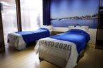 A replica athletes' room&nbsp;at the&nbsp;developer's&nbsp;booth in the Village Plaza during a media tour of the Olympic and Paralympic Village for the Tokyo 2020 Games, on June 20.&nbsp;