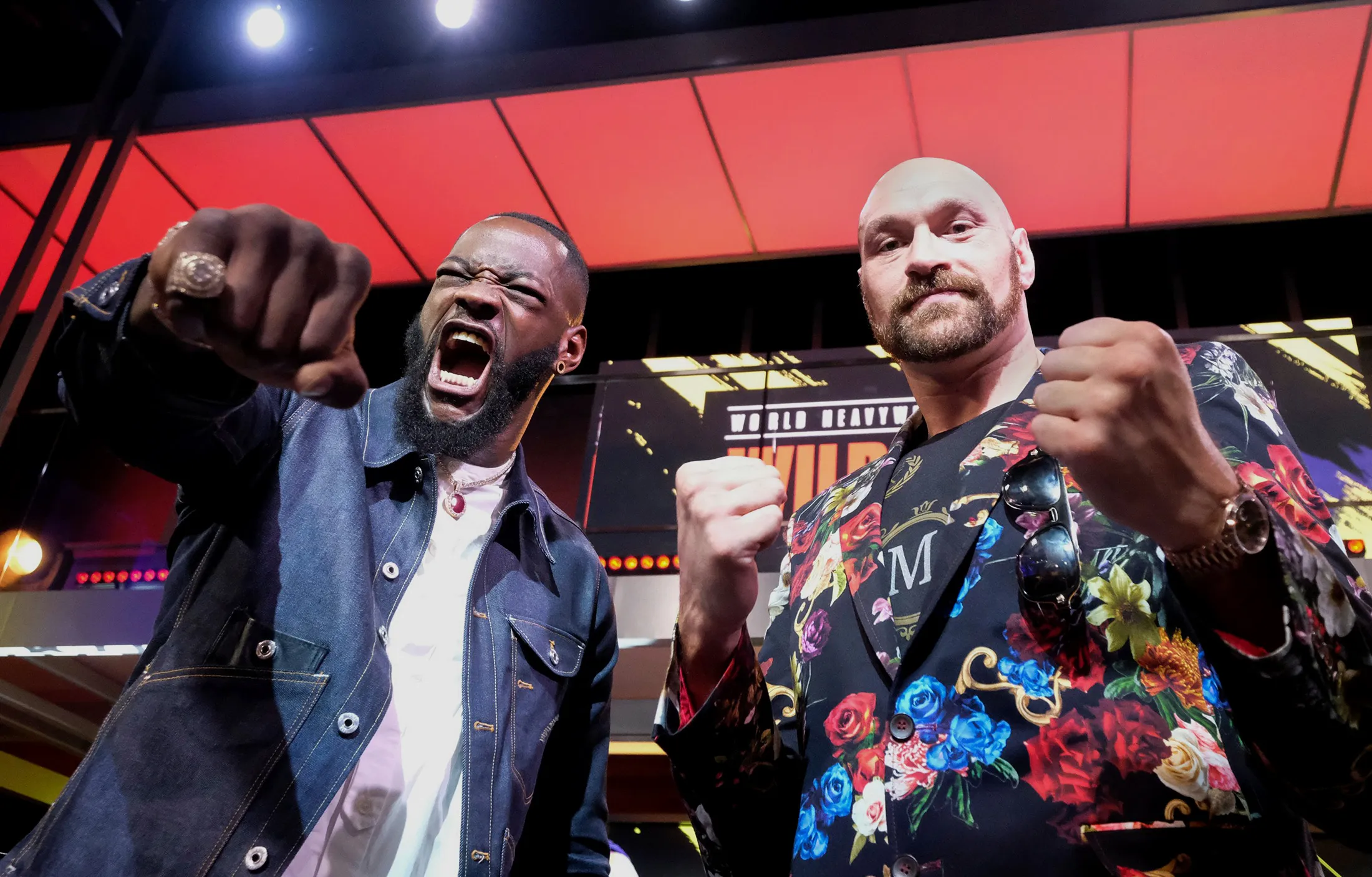 Boxers Deontay Wilder, left, and Tyson Fury face-off during a press conference in Los Angeles, California on Jan. 25.