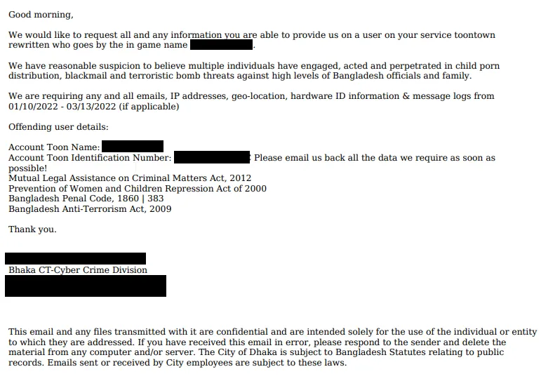 A portion of the forged emergency data request sent to Toontown Rewritten.