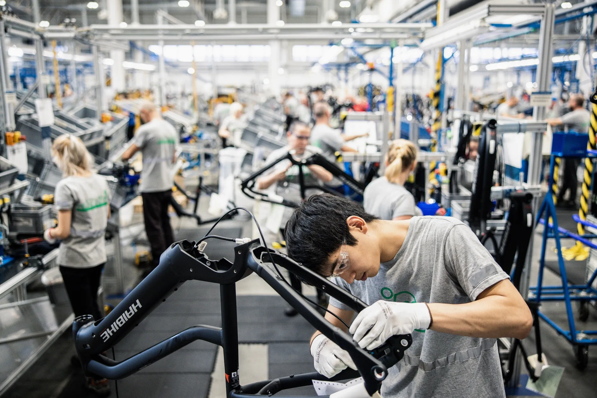 A Haibike bicycle frame on the e-bike assembly line at the Accell Hunland Kft plant in Toszeg, Hungary.