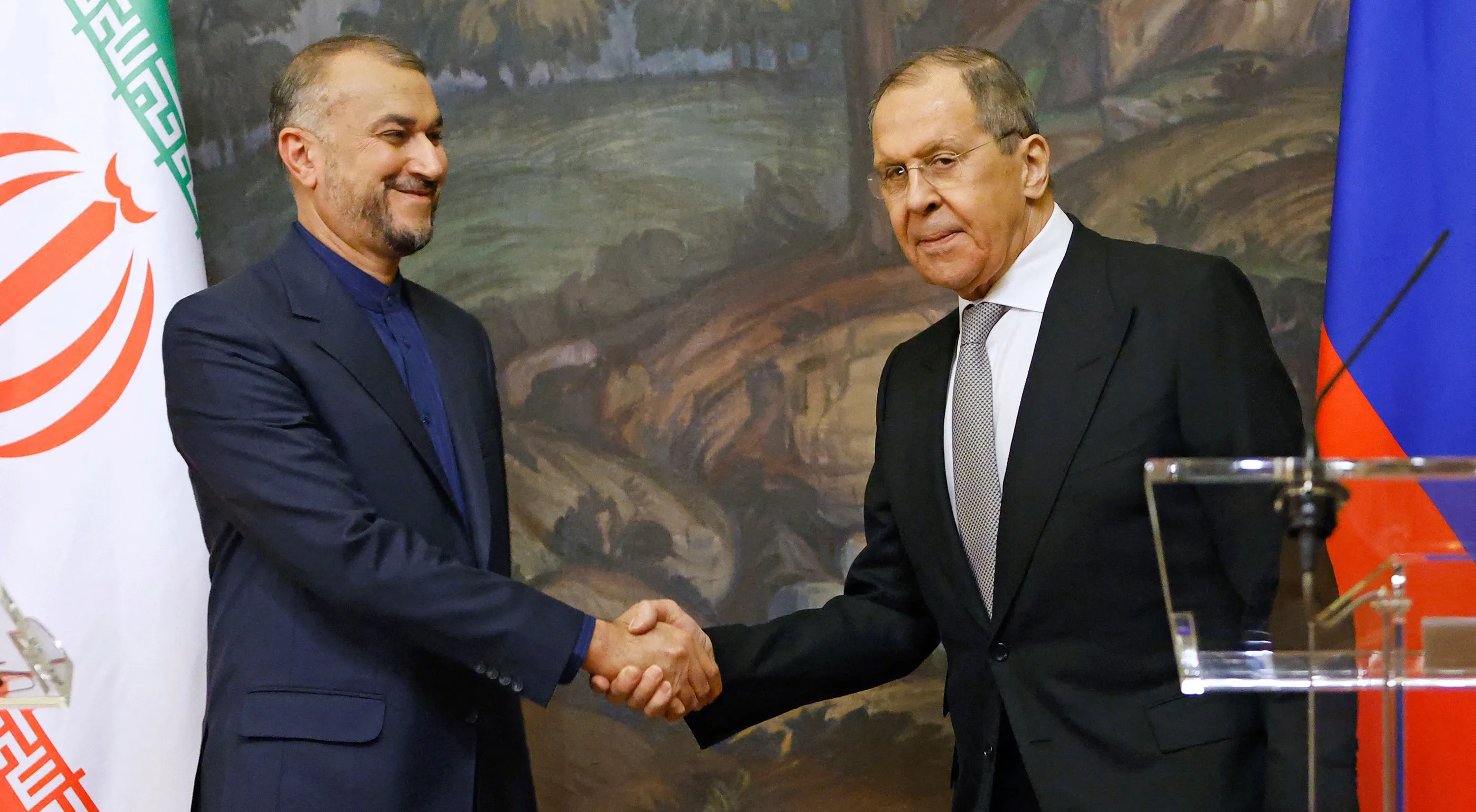 Iranian Foreign Minister Hossein Amir-Abdollahian, left,&nbsp;shakes hands with Russian Foreign Minister Sergei Lavrov&nbsp;in Moscow on March 15