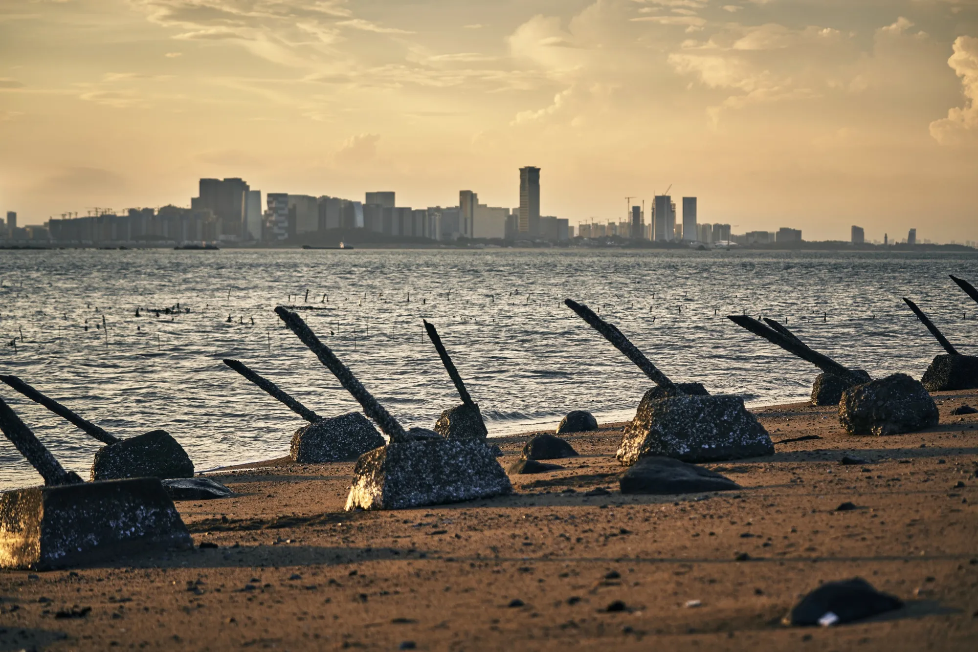 The Taiwan Strait from anti-landing barriers on a beach in Kinmen, Taiwan.