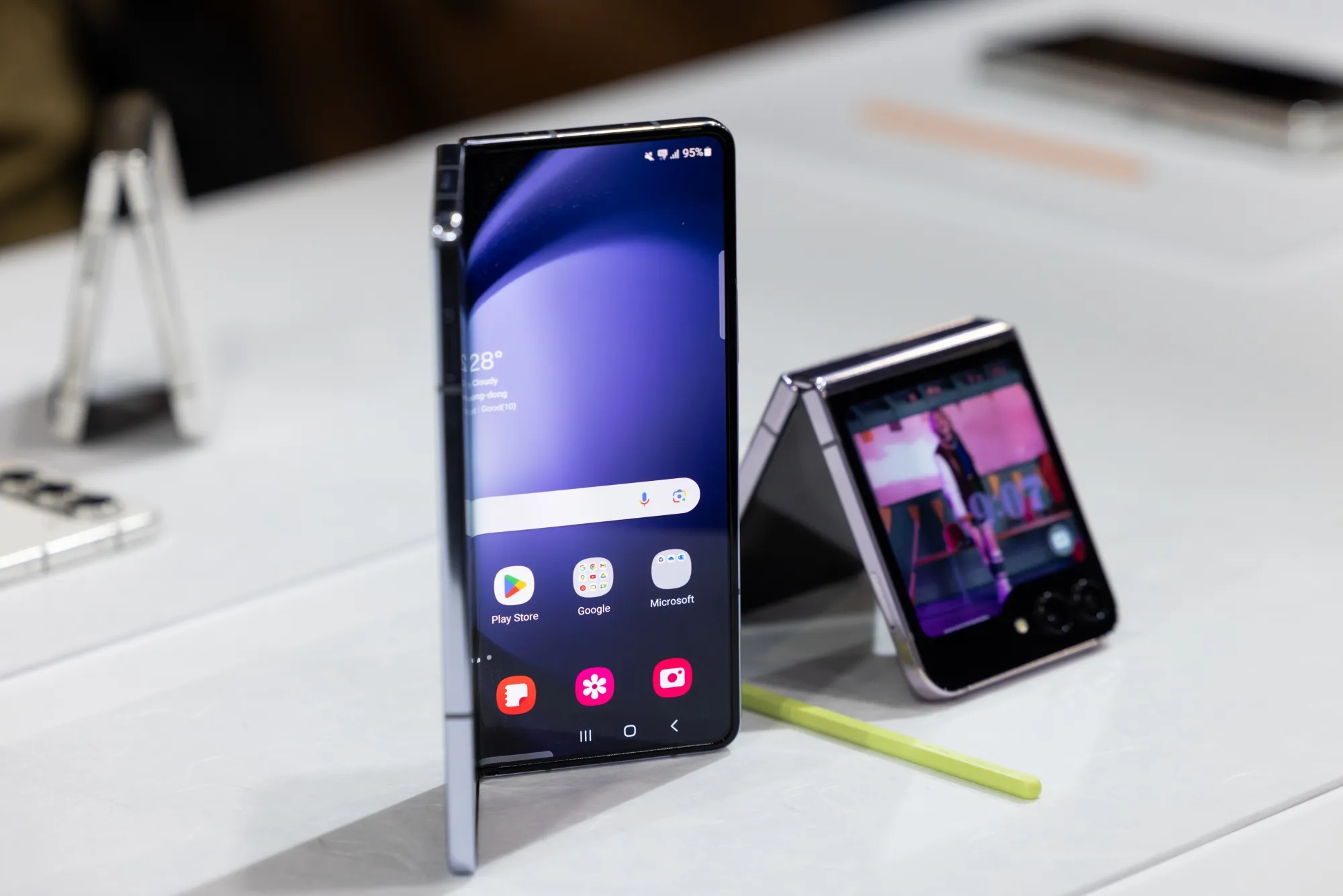 A Samsung Galaxy Z Fold 5 smartphone, left, and a Galaxy Z Flip 5.