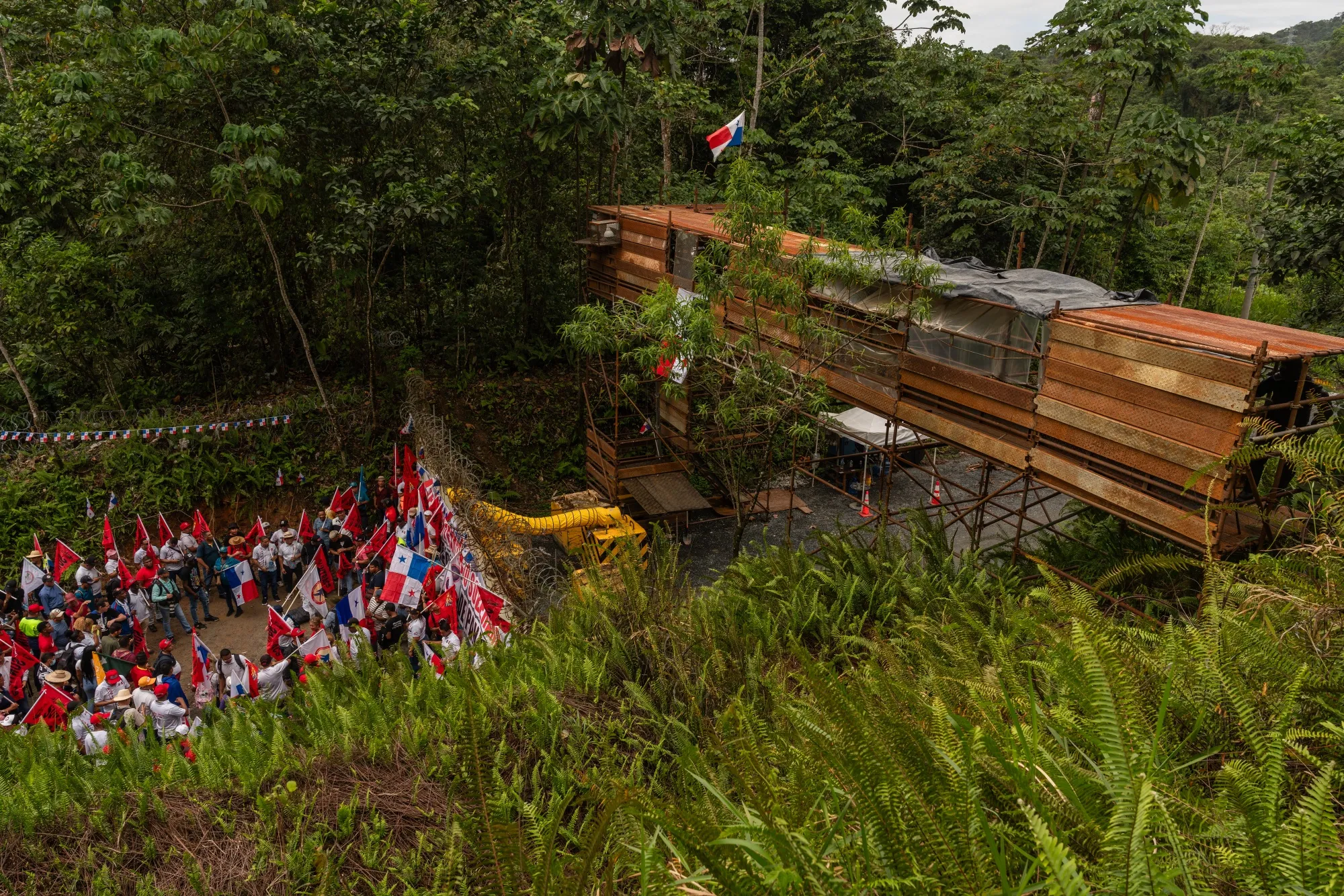 Protesters outside the shuttered First Quantum Minerals mine in Donoso, Panama, in January.