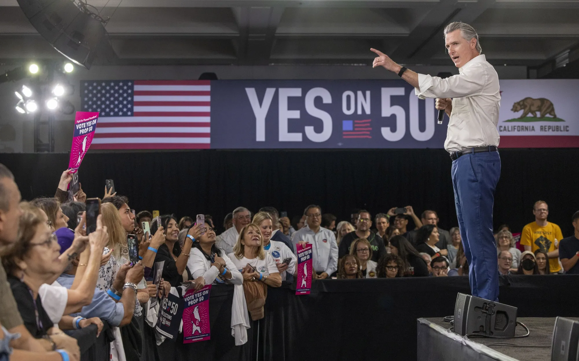 California Governor Gavin Newsom speaks at a "Yes On Prop 50" volunteer event at the LA Convention Center&nbsp;in Los Angeles on Nov. 1.&nbsp;