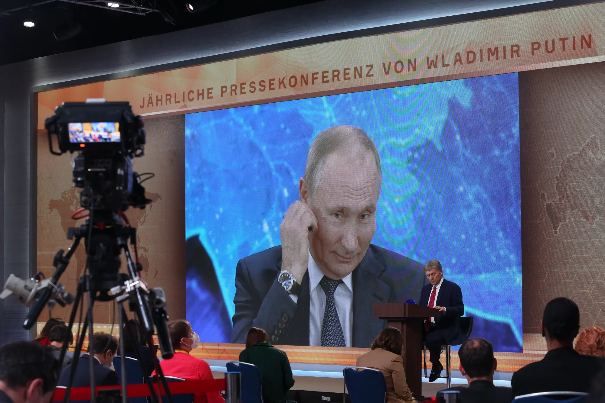 Vladimir Putin delivering his annual news conference at the Crowne Plaza World Trade Centre in Moscow.&nbsp;