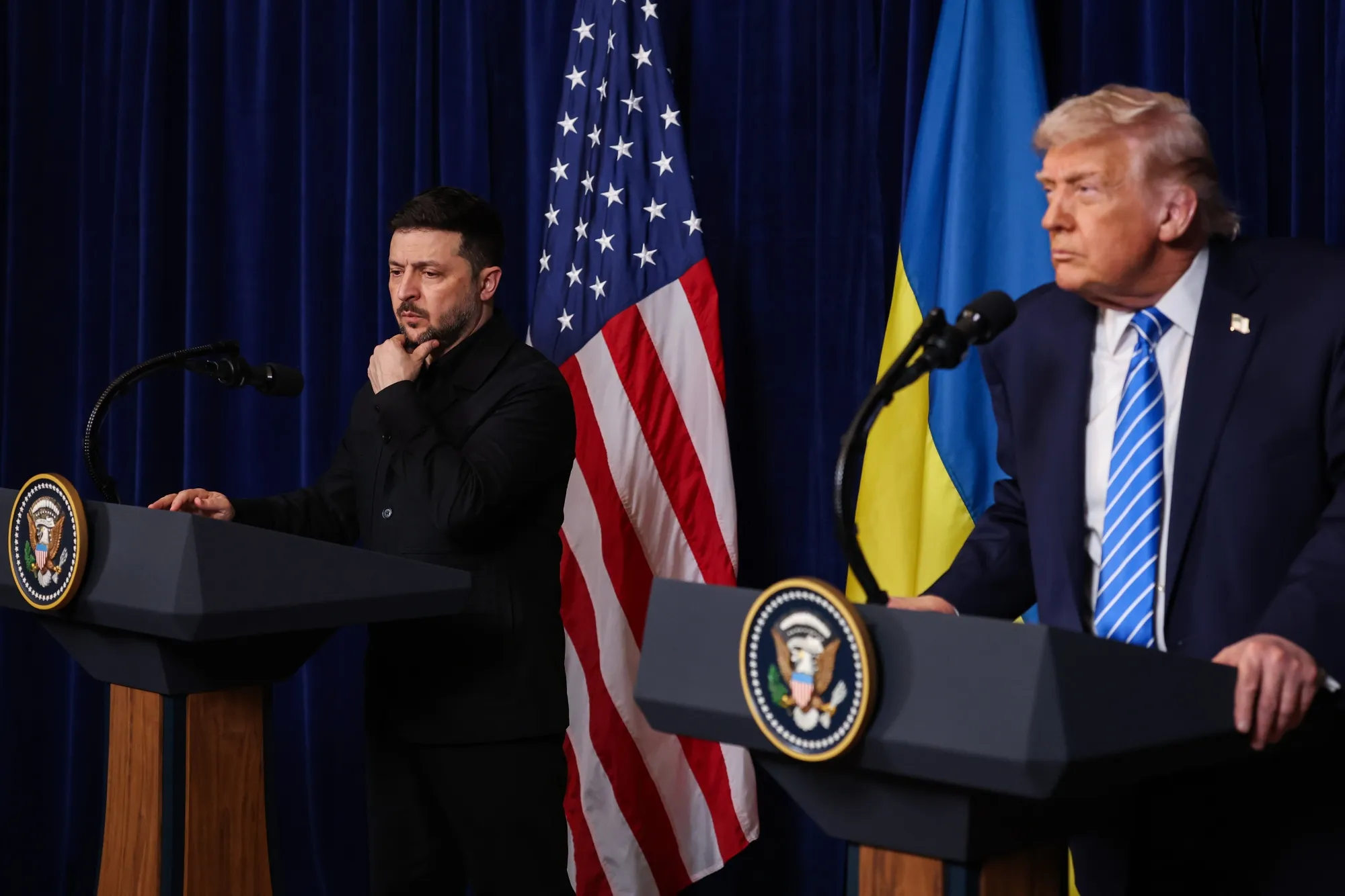 Ukrainian President Volodymyr Zelenskiy and US President Donald Trump during a press conference following their meeting in Palm Beach, Florida on Dec. 28.&nbsp;