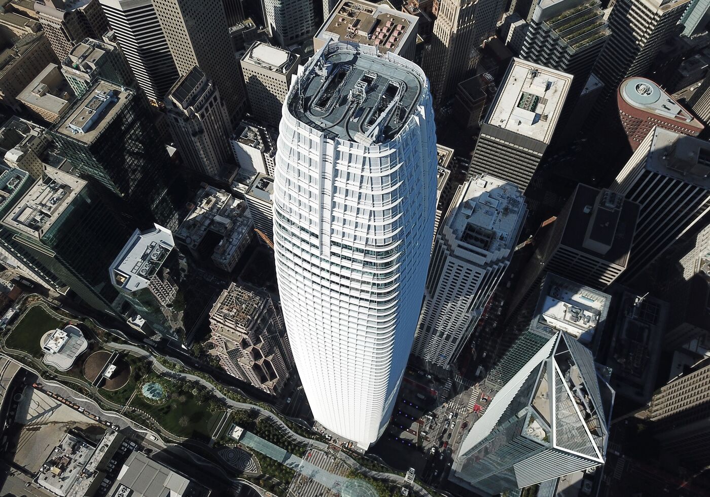Salesforce Tower as seen from above in downtown San Francisco in 2019. 